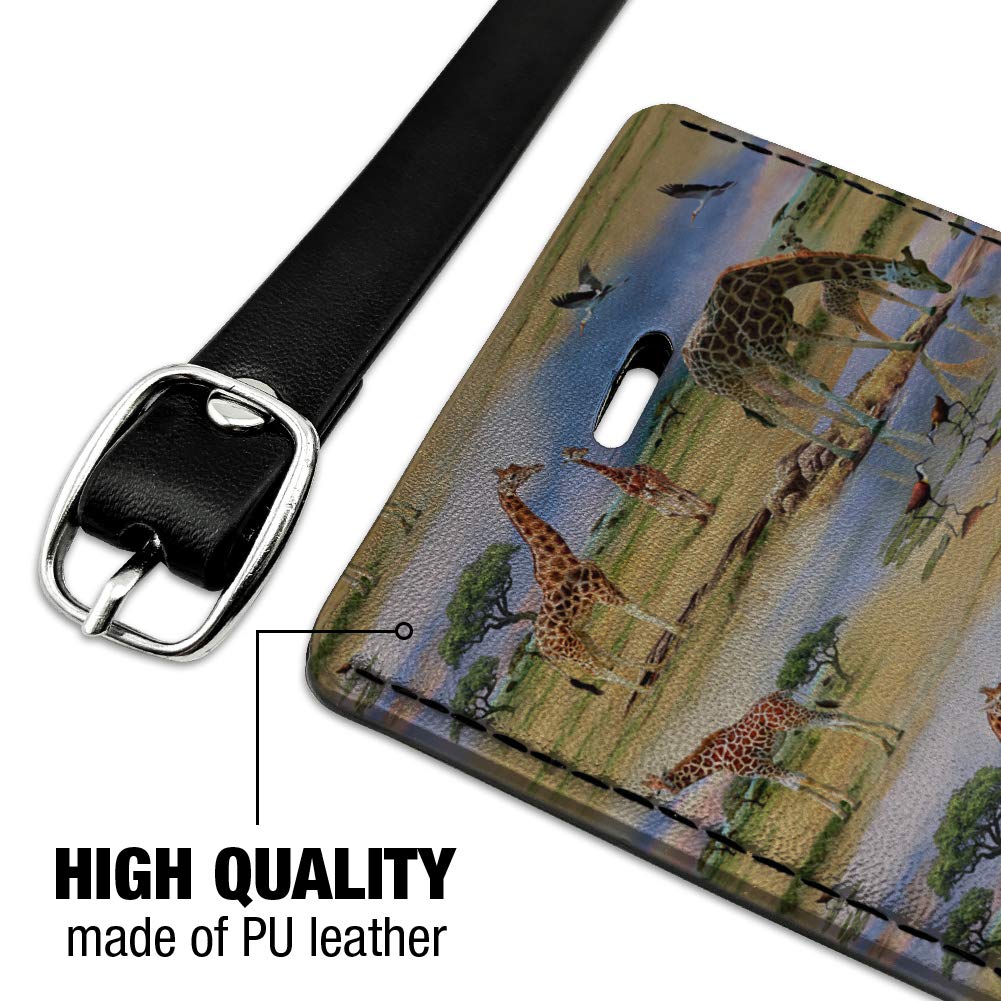 Giraffe Family African Animals Pattern Rectangle Leather Luggage Tag & ID Holder - Perfect for Travel, Suitcases, Backpacks and Passport Identification
