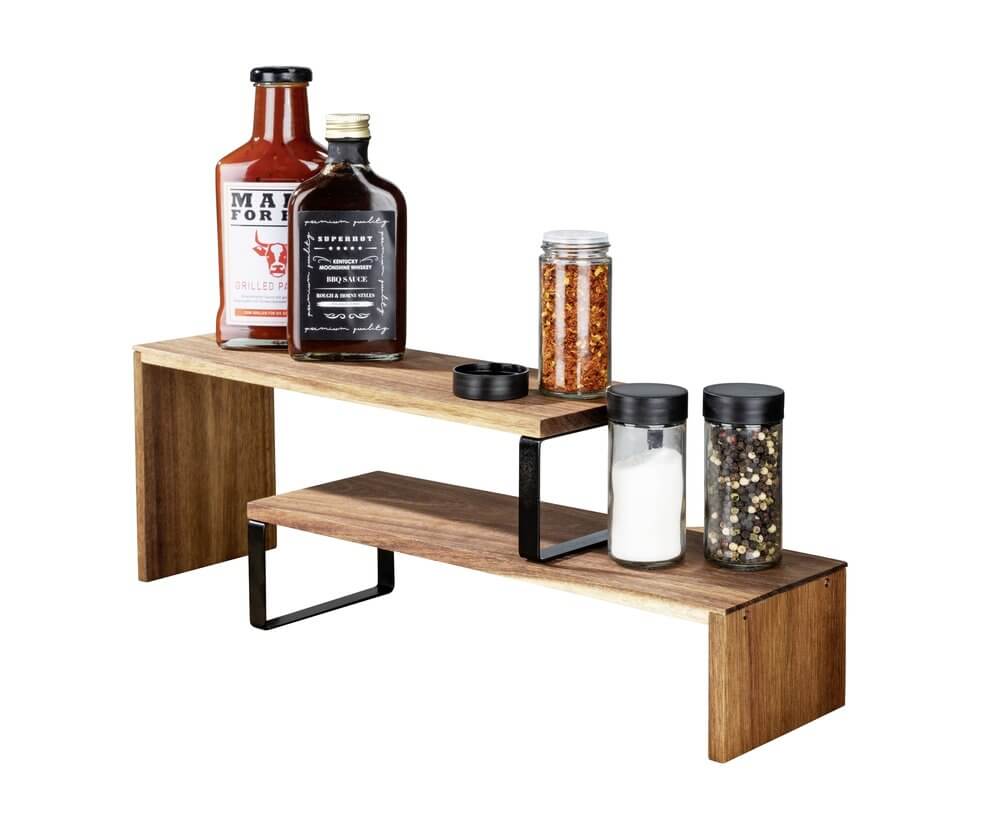 2-Tier Acacia Wood Kitchen Shelf Organizer - Pantry Storage Rack for Spices, Utensils & Small Appliances - Perfect for Countertop, Cabinet & Pantry Organization
