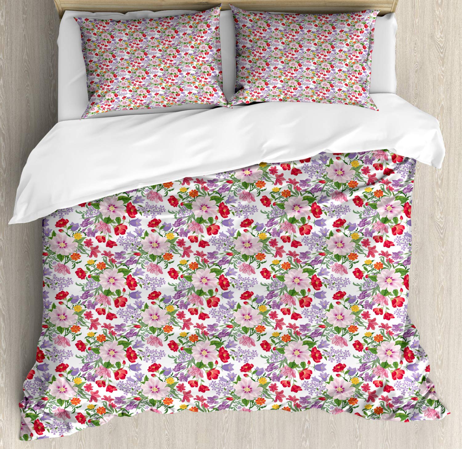 Ambesonne Floral Duvet Cover Set - Vintage Garden Flowers Design, 2-Piece King Size Bedding with 4 Pillowcases, Spring Home Decor for Master Bedroom & Guest Room