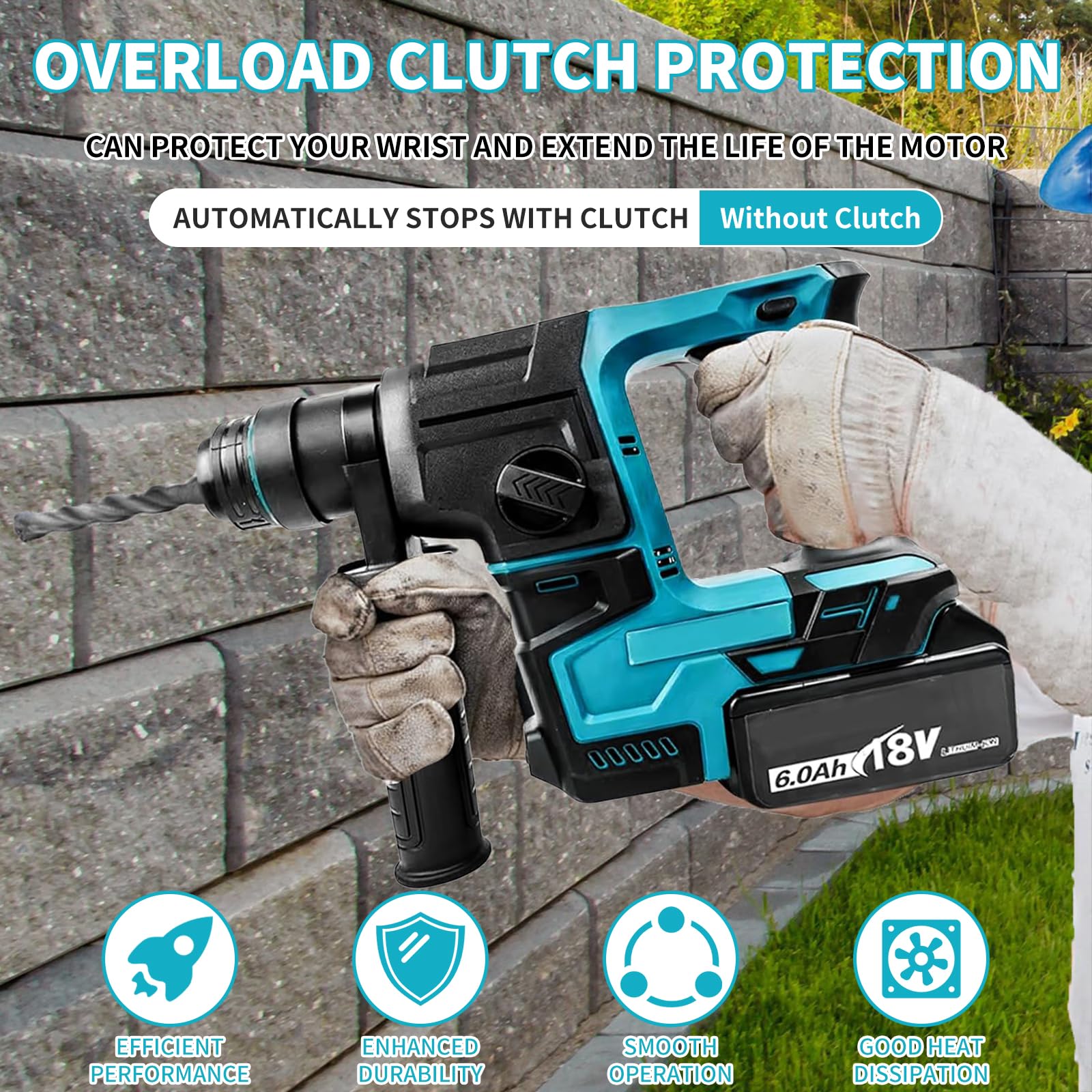 Cordless Rotary Hammer Drill - Brushless SDS Hammer Drill Set with 5 Drill Bits, 1400 RPM, 4200 BPM, Safety Clutch | Perfect for Concrete Drilling, Masonry Work & Demolition (Battery Not Included)