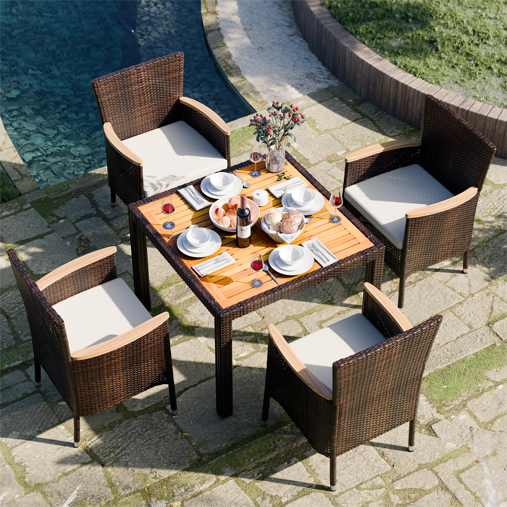 JAMFLY 5-Piece Outdoor Patio Dining Set - Rattan Wicker Furniture with Wood Table & 4 Cushioned Chairs for Garden, Backyard, Porch, Poolside (Brown) | Perfect for Outdoor Entertaining & Relaxation