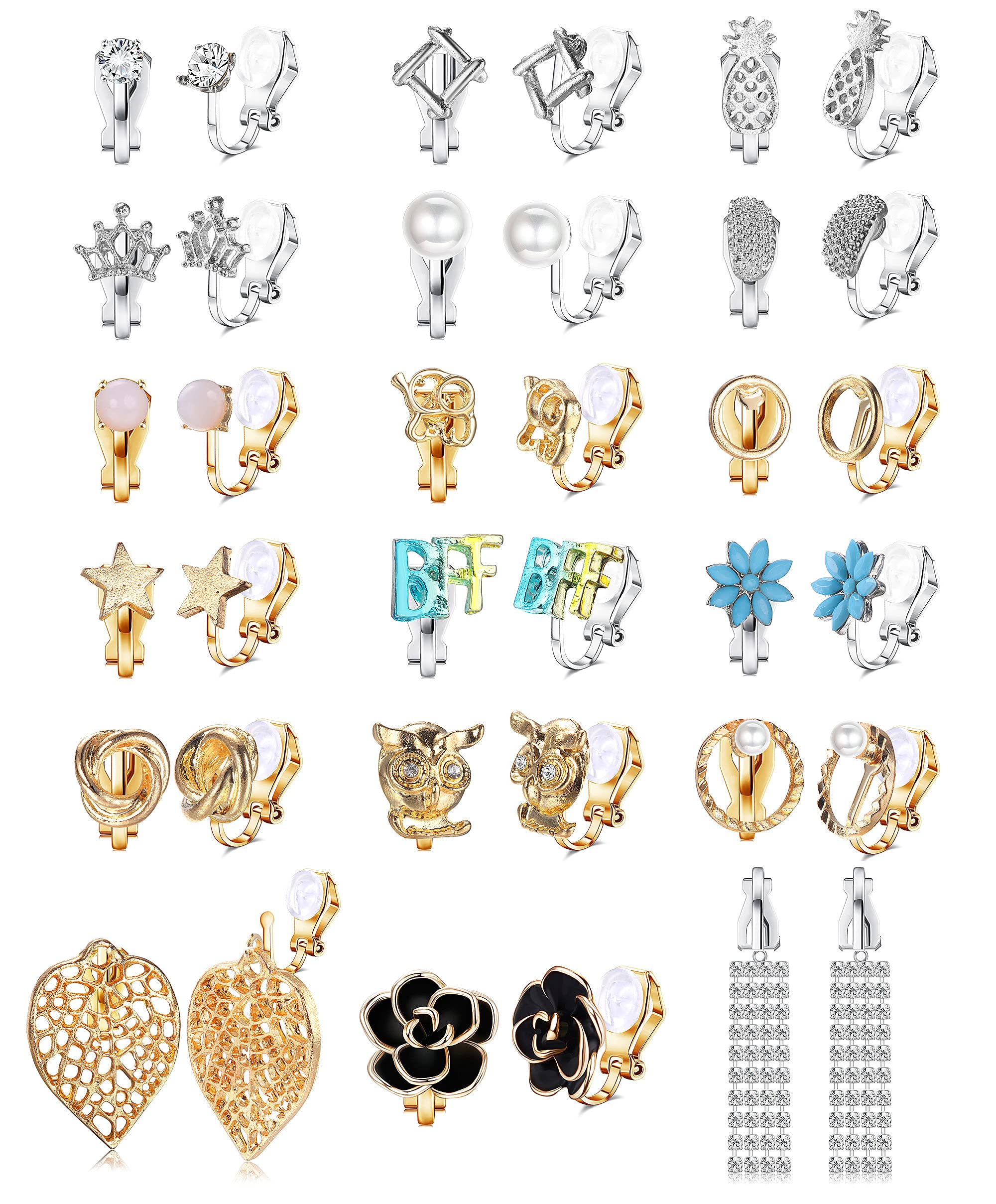 Jstyle 18 Pairs Non-Pierced Clip On Earrings for Women & Girls - Assorted Rose Flower, Pearl, Twist Knot & Halo Designs - Perfect for Weddings, Parties & Everyday Wear