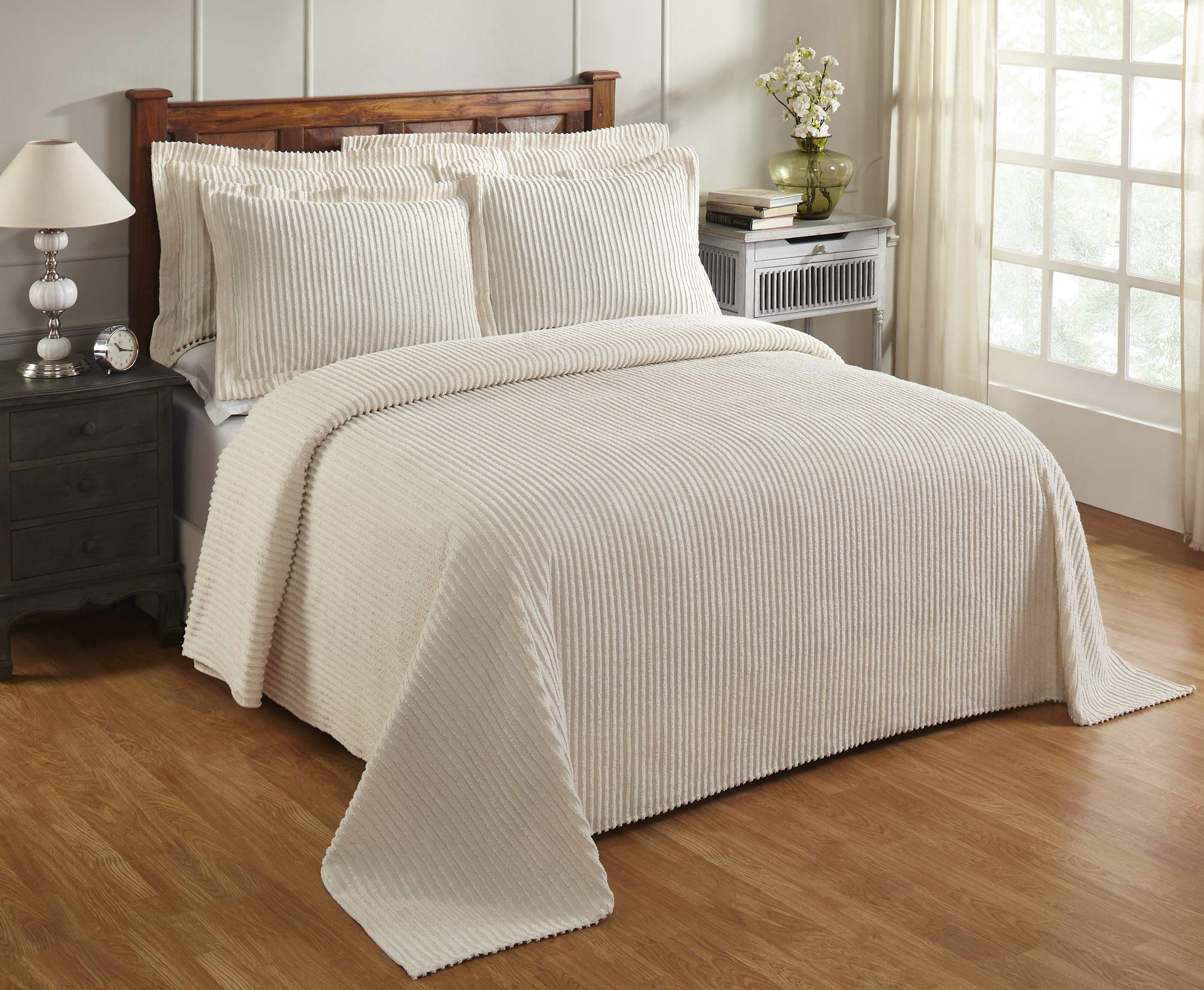 Better Trends Ivory King Bedspread Set - 100% Cotton Tufted Classic Stripe Coverlet | Soft & Cozy All-Season Bedding Set | Machine Washable 3-Piece Set - Jullian Collection | Perfect for Master Bedroom, Guest Room & Luxury Hotel Decor