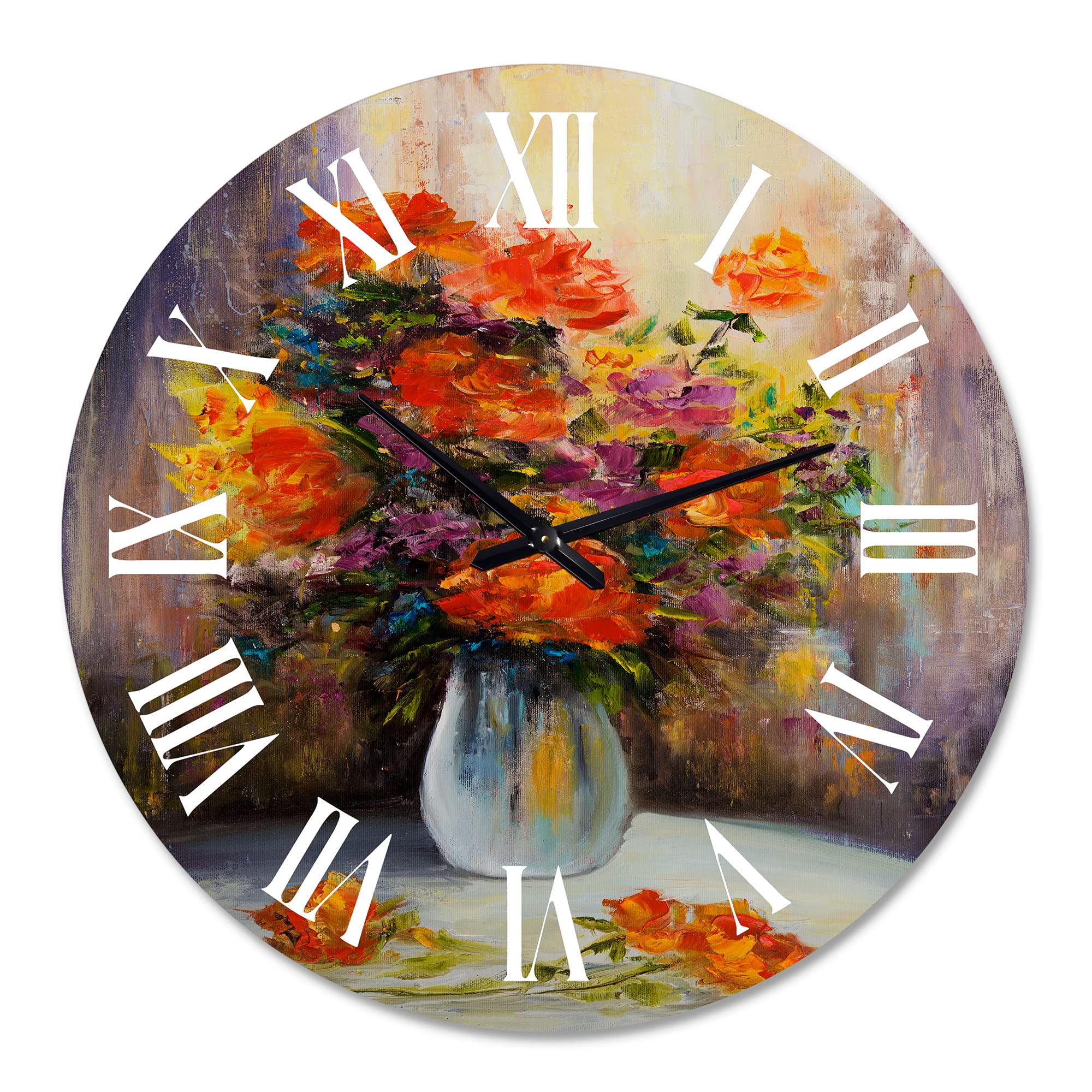 DesignQ Traditional Wall Clock - Still Life Bouquet with Red & Yellow Flowers - Large Floral Wall Clock for Kitchen, Living Room, Bedroom Decor - Perfect for Home & Office