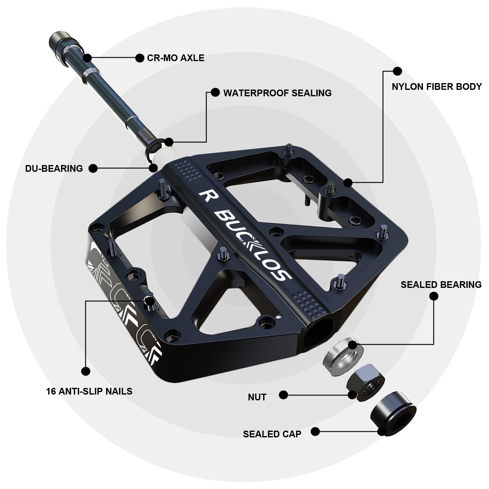 BUCKLOS MTB Pedals - Non-Slip Large Platform Mountain Bike Pedals for Adults, 9/16
