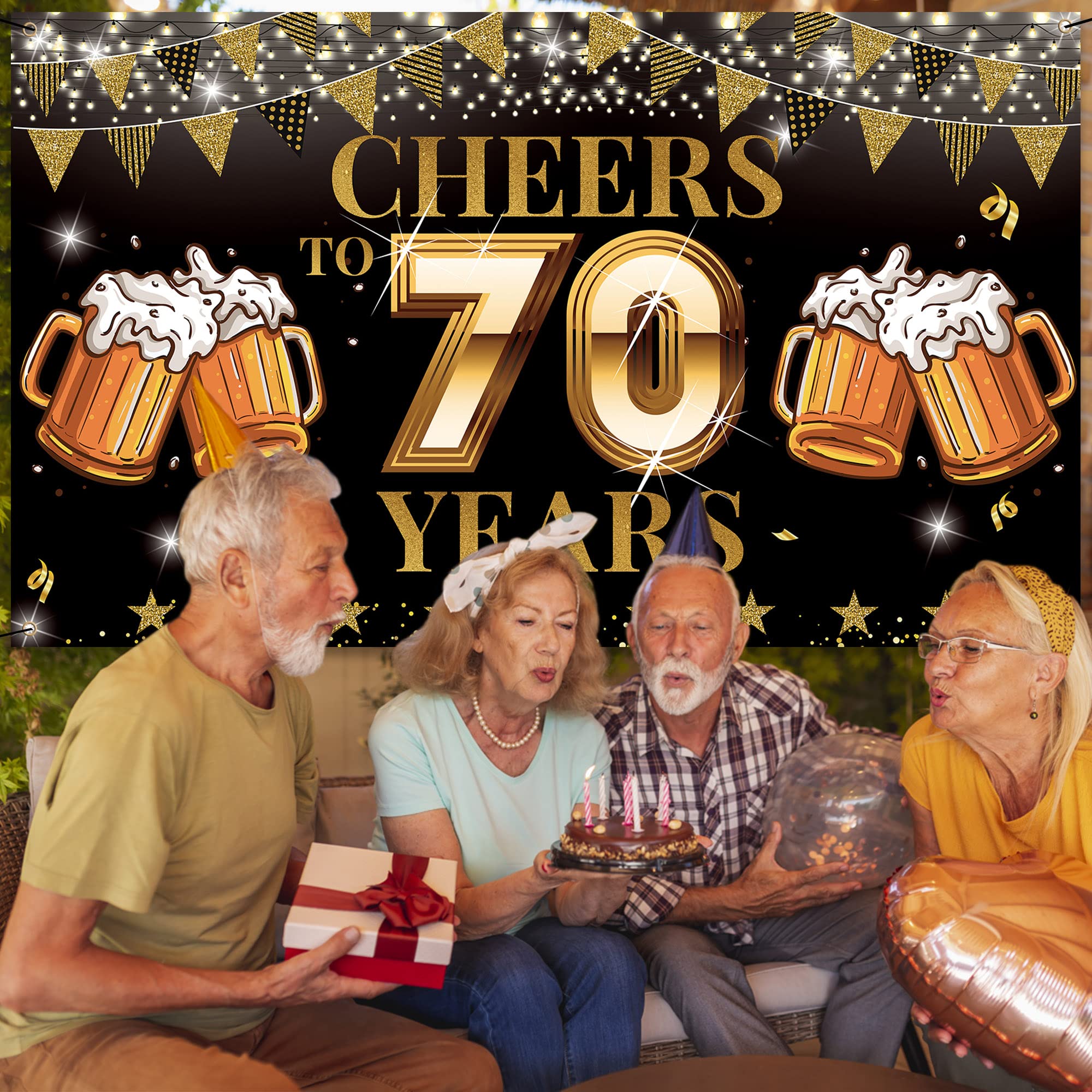 70th Birthday Decorations Banner - Cheers to 70 Years Party Sign for Men & Women | Black Gold Backdrop & Photo Props | Indoor/Outdoor Large Celebration Decor | Perfect for Milestone Parties, Retirement Celebrations & Family Gatherings