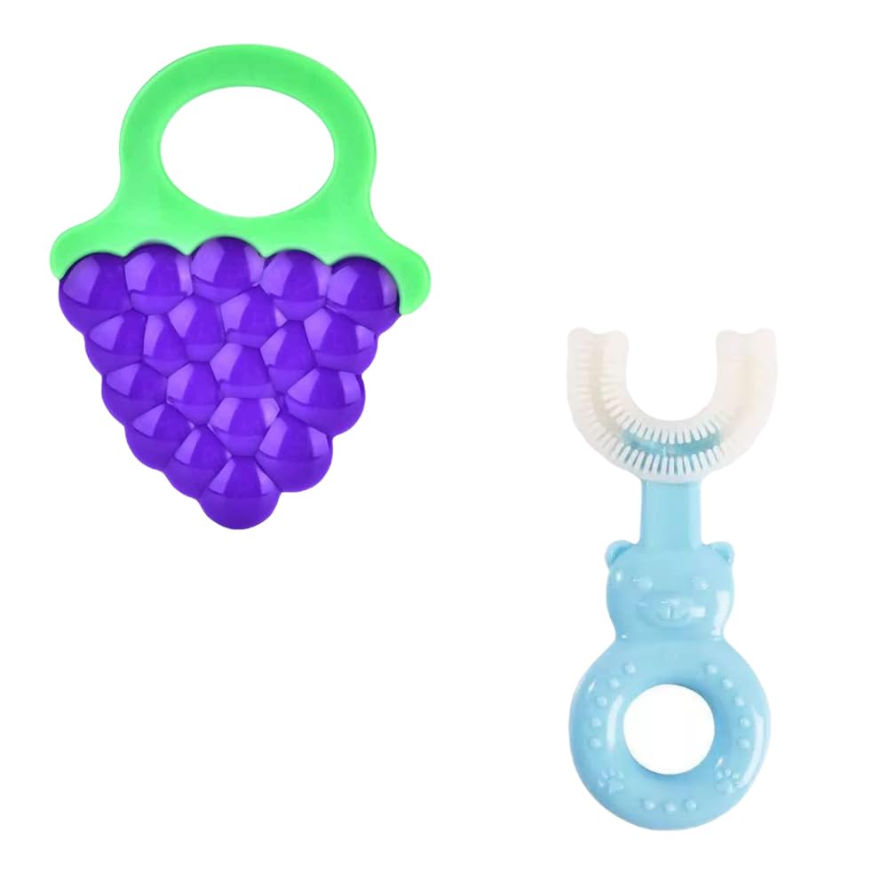 BPA-Free Silicone Baby Teether & U-Shape Toothbrush - Soft & Safe Oral Care for Infants 6+ Months (Blue Grapes Design) - Perfect for Soothing Teething Pain & Early Dental Hygiene