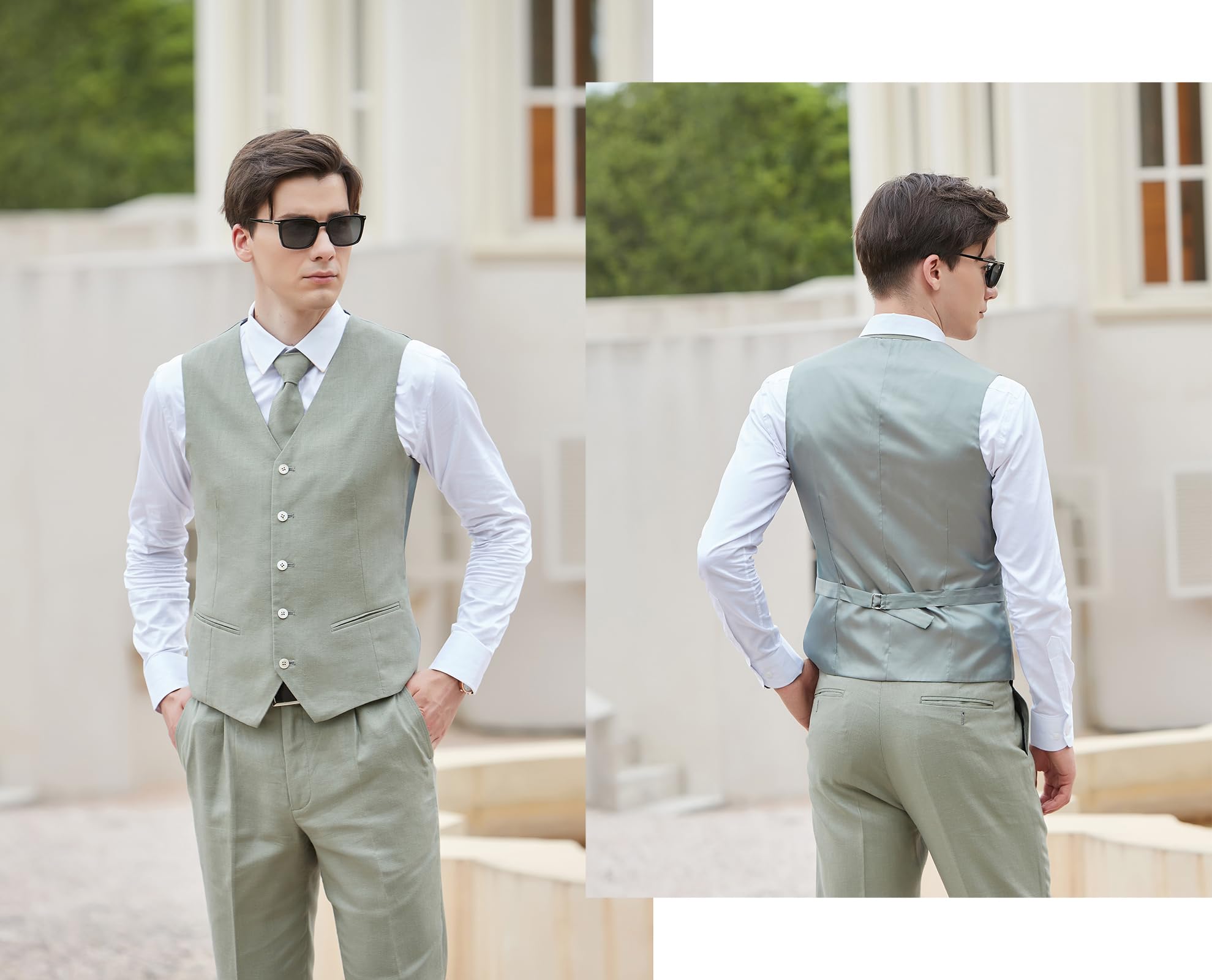 Men's Herringbone Linen Suit - Summer Slim Fit Lightweight 3 Piece Wedding Tuxedo Set | Perfect for Beach Weddings, Outdoor Ceremonies & Formal Summer Events