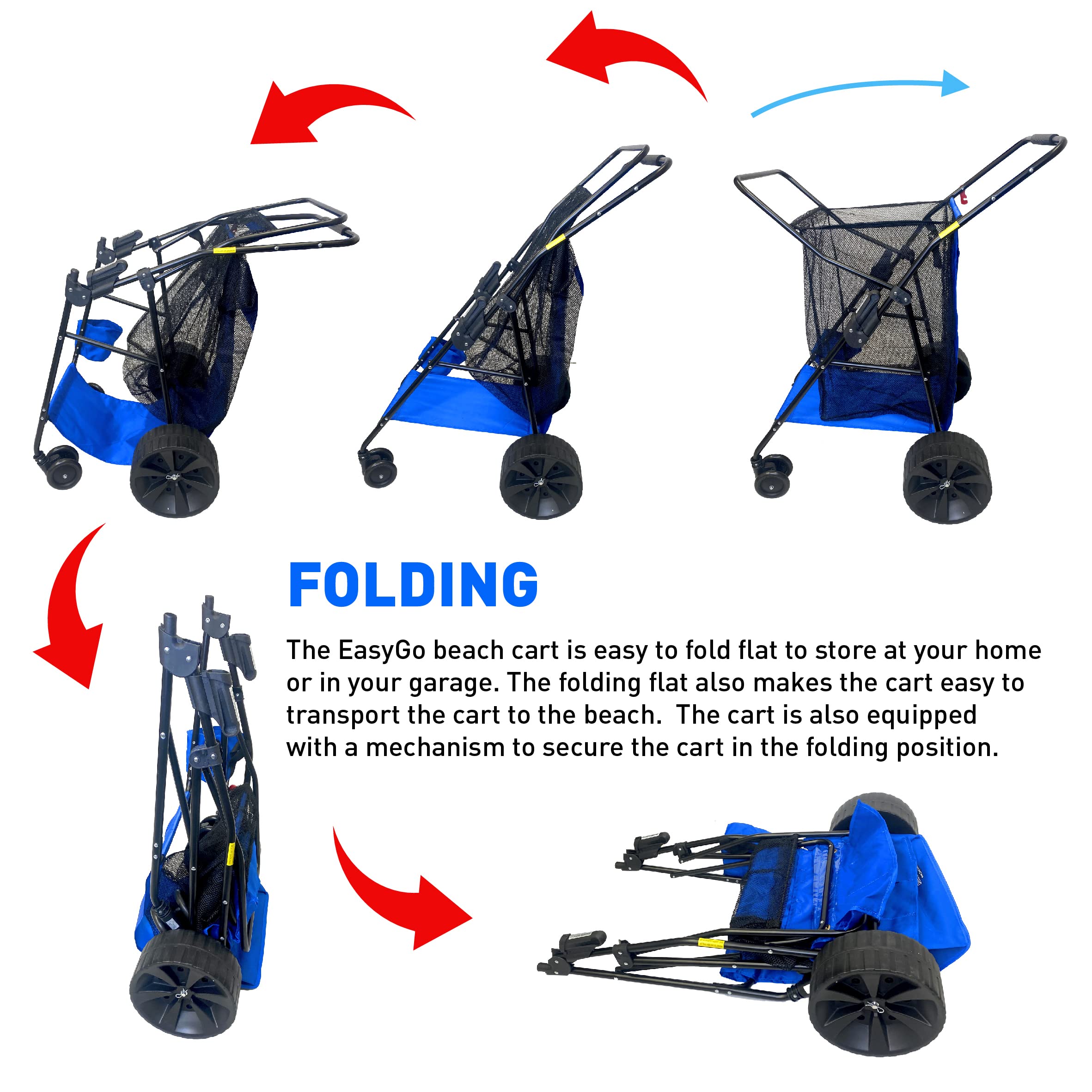 EasyGo Heavy Duty Folding Beach Cart with Large Sand Wheels - Holds 4 Chairs, Storage Pouch & Umbrella Holder - Blue | Perfect for Beach Trips, Camping, Picnics & Outdoor Adventures