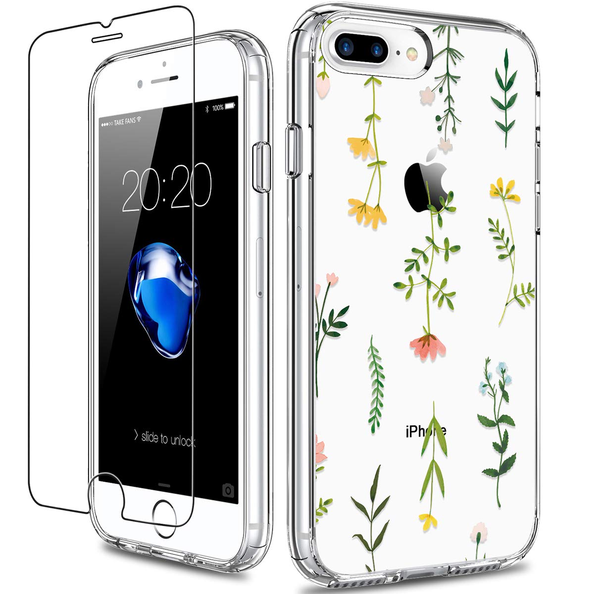 GiiKa Clear Heavy Duty Protective Case for iPhone 8 Plus/7 Plus with Screen Protector - Floral TPU Bumper Cover for Women & Girls | Perfect for Outdoor Activities, Work & Daily Use