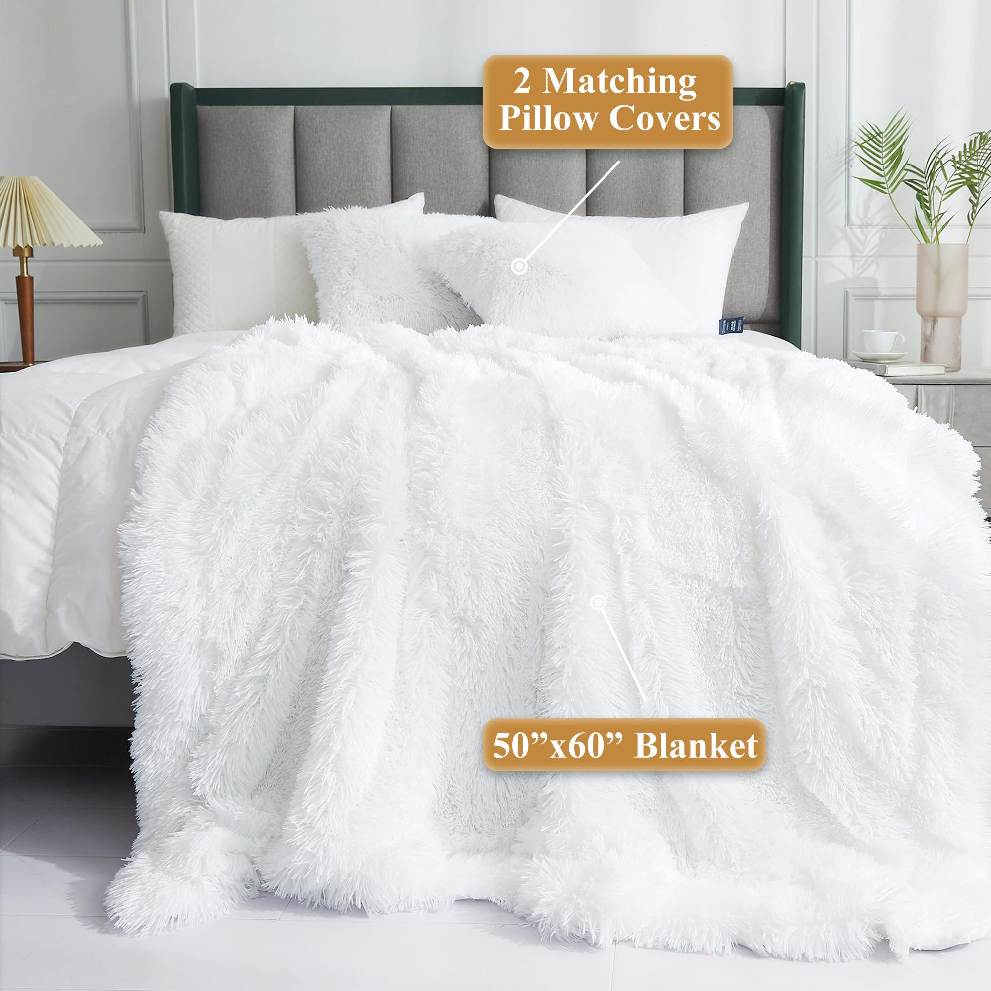 XeGe 3-Piece Soft Fluffy Throw Blanket and Pillow Cover Set - 50x60 Shaggy Faux Fur Plush Blanket with 18x18 Fuzzy Fleece Pillow Shams - Cozy for Bed, Couch, Living Room - Perfect for Winter Nights, Movie Time & Home Decor - White