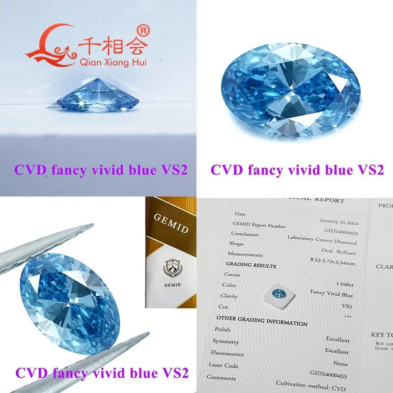 1ct & 2.4ct Lab Grown CVD Diamond - Fancy Vivid Aqua Blue, Oval Shape, VVS-SI Clarity, GEMID Certified Loose Stone for Jewelry Making & Engagement Rings