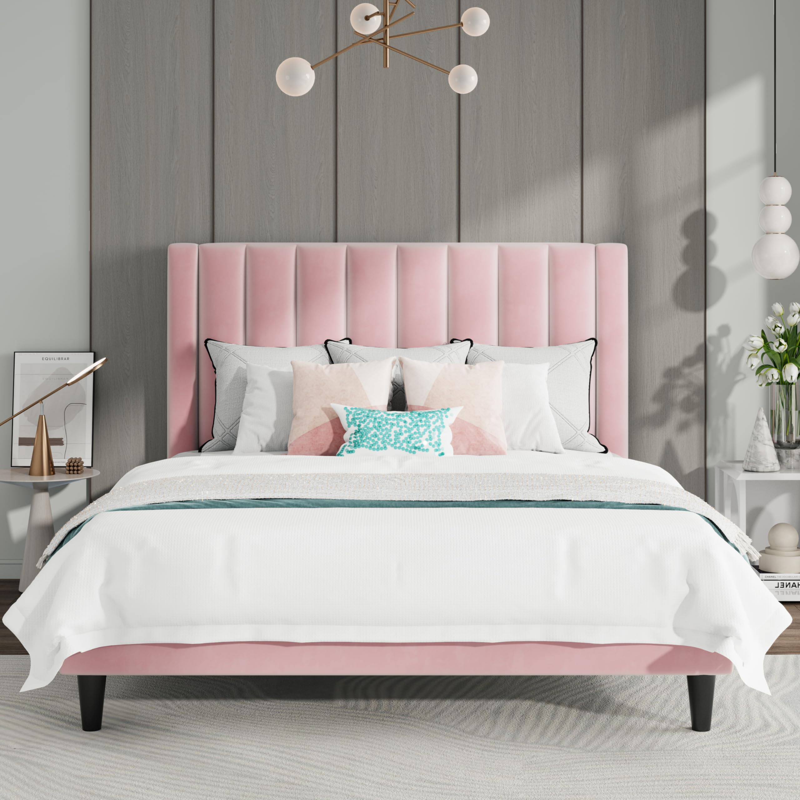SHA CERLIN Full Bed Frame - Velvet Upholstered Platform Bed with Headboard & Wood Slat Support | No Box Spring Needed | Mattress Foundation | Pink Luxury Bedroom Furniture for Master Bedroom, Guest Room & Dorm