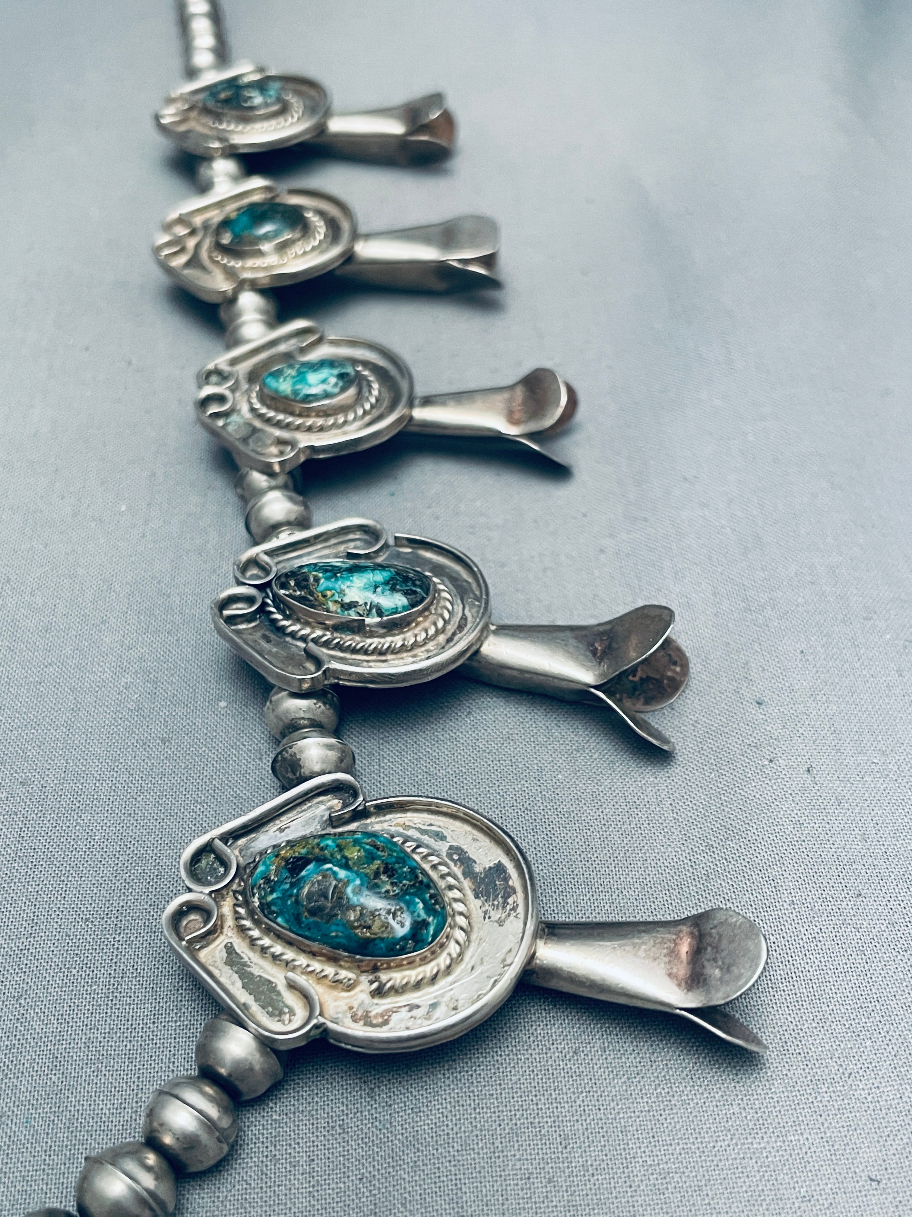200g Vintage Navajo Turquoise Sterling Silver Squash Blossom Necklace - Authentic Native American Jewelry for Women, Perfect for Boho Fashion & Special Occasions