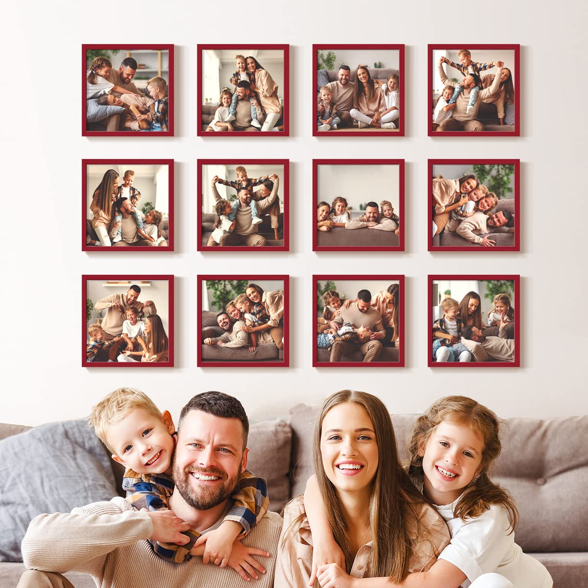 12-Piece Custom Photo Frame Set - 8x8 Real Wood Picture Frames with Peel & Stick Backing for Wall Collage | Personalized Home Decor, Gallery Wall Display (Red Frames) - Perfect for Living Room, Bedroom & Office Decor
