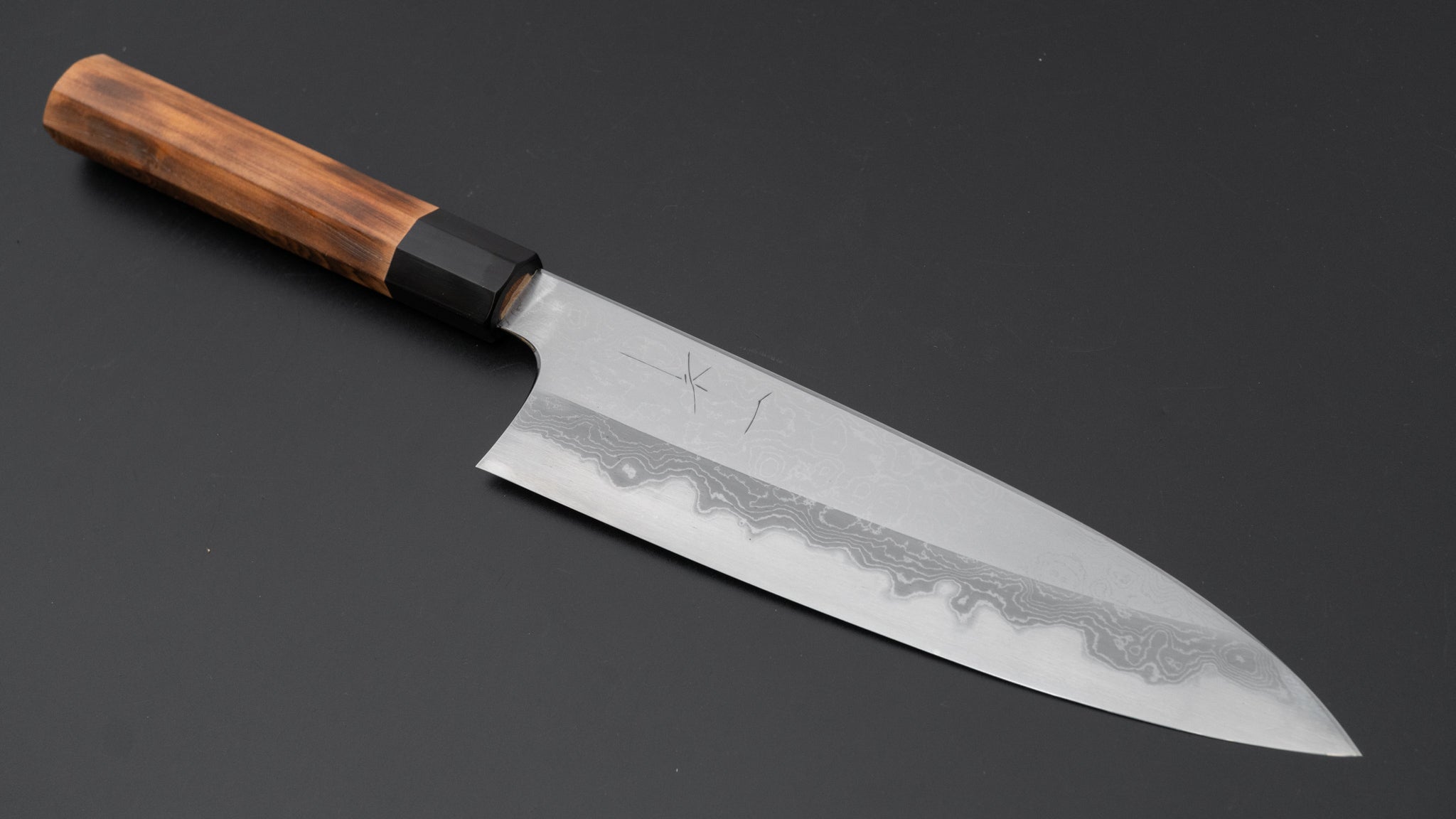Hitohira Togashi White #1 Damascus Gyuto Japanese Chef Knife 210mm with Burnt Yakusugi Handle - Perfect for Sushi, Meat Cutting & Professional Kitchen Use