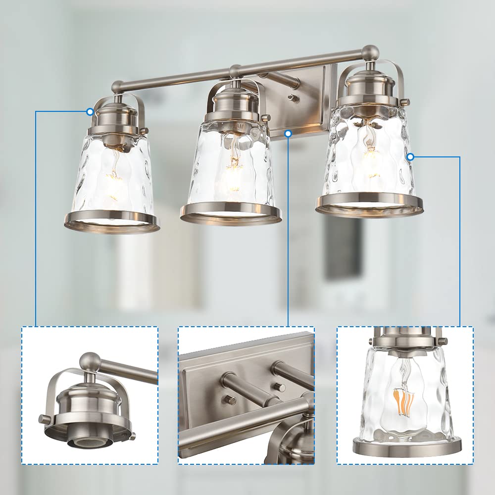 Modern 3-Light Bathroom Vanity Lighting Fixture with Hammered Glass Shades - Brushed Nickel Wall Sconce for Bedroom, Kitchen & Bathroom Mirror - Perfect for Makeup, Shaving & Task Lighting