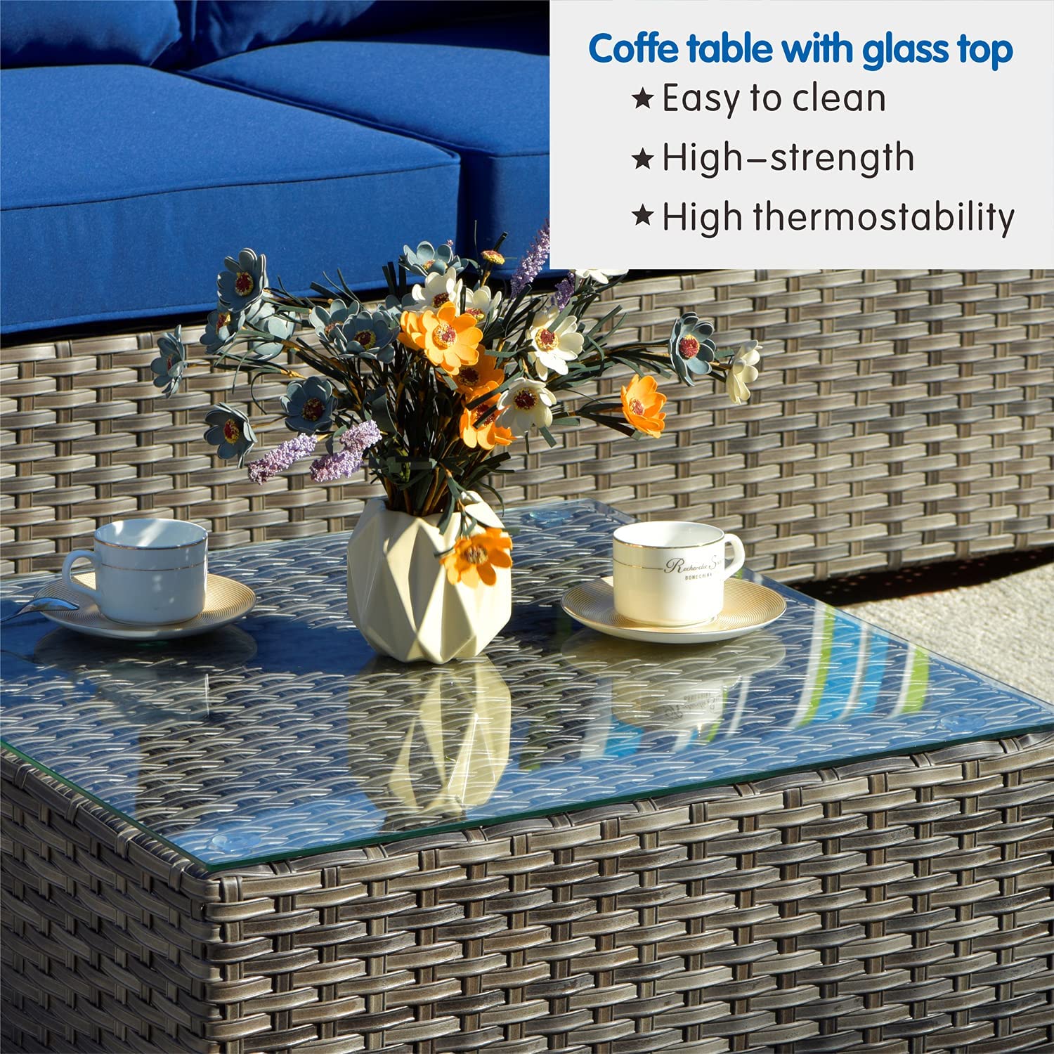 6-Piece Patio Furniture Set Outdoor Wicker Rattan Sectional Sofa with Comfy Cushions - All-Weather Assembled Grey Rattan & Navy Blue Cushion - No Assembly Required - Perfect for Backyard, Garden, Poolside or Balcony Relaxation