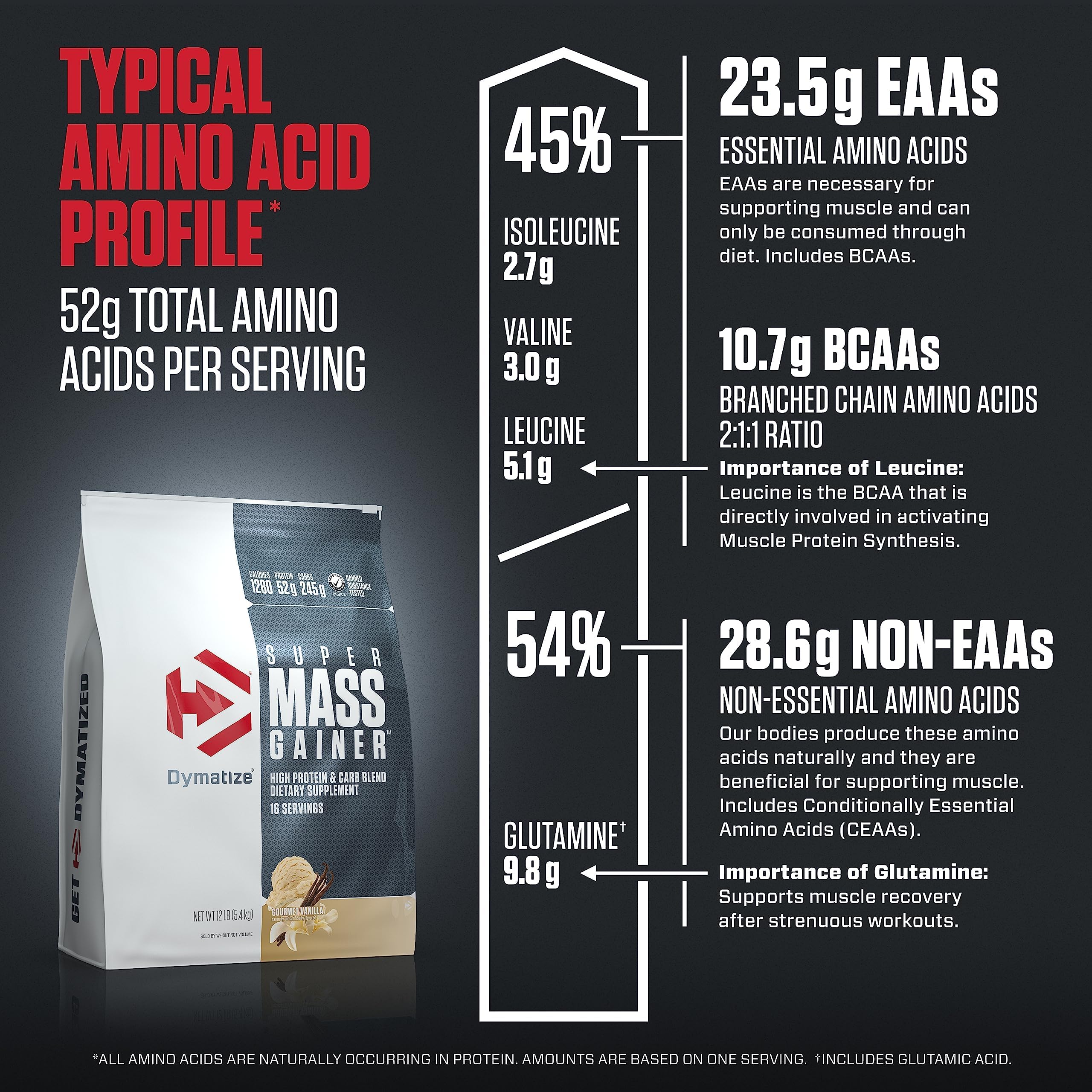 Dymatize Super Mass Gainer Protein Powder - Gourmet Vanilla Flavor | 52g Protein, 1280 Calories, 10.7g BCAAs | Whey Protein Isolate & Casein Blend | 16 Servings for Muscle Growth & Recovery | Ideal for Bodybuilding, Weight Gain & Post-Workout Nutrition