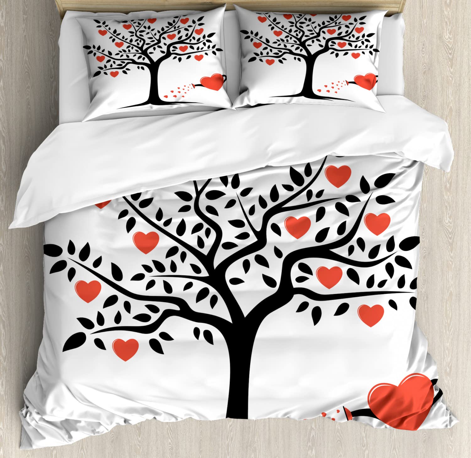 Ambesonne Valentine's Day Duvet Cover Set - Romantic Love Tree with Hearts, Fruits & Leaves Forest Design - 2 Pack King Size Bedding Set (2 Duvet Covers + 4 Pillowcases) in Vermilion & Black - Perfect for Couples' Bedroom Decor & Anniversary Gifts