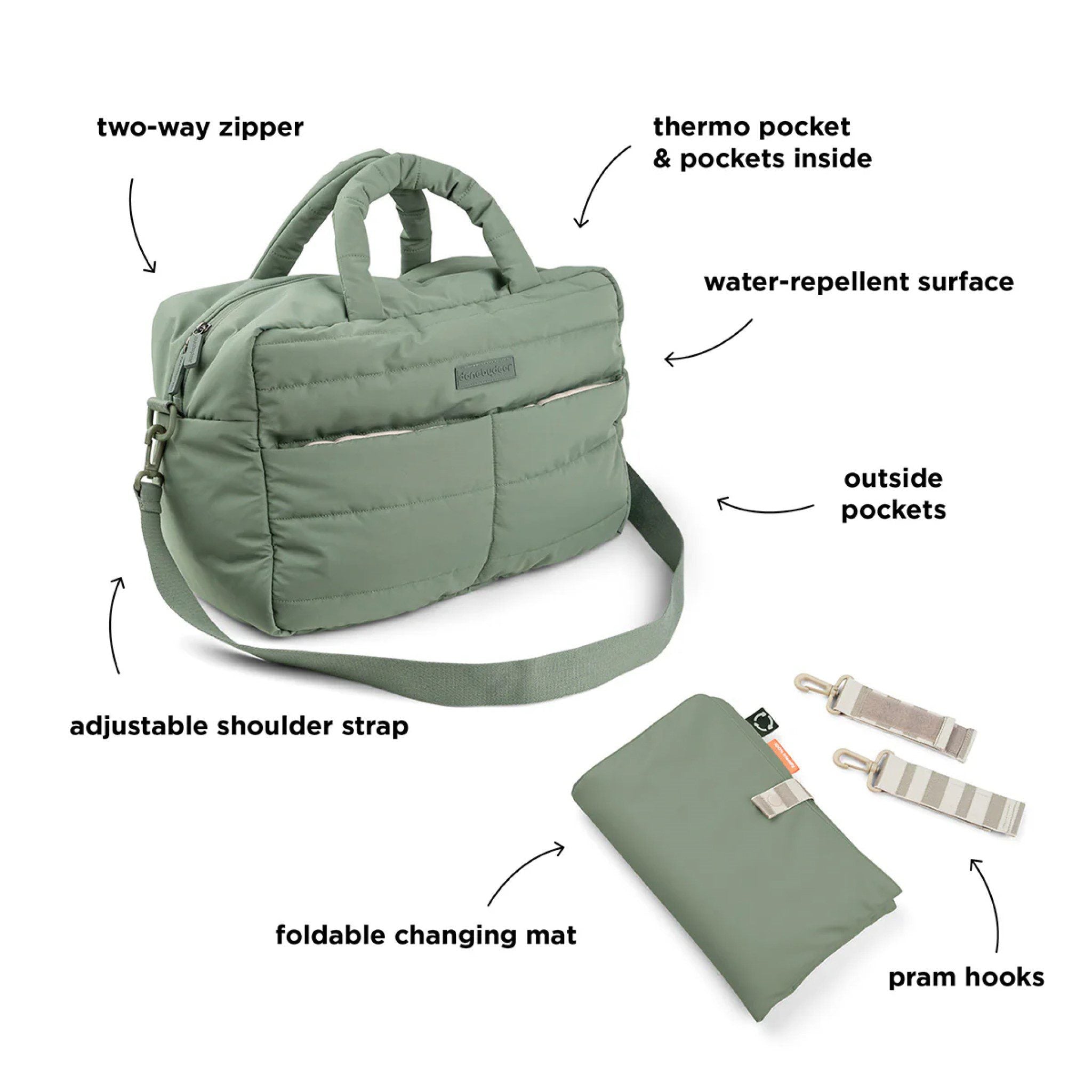 DONE BY DEER Premium Quilted Diaper Bag for Women - Stylish Green Baby Changing Bag - Perfect for Travel, Shopping & Daily Use with Baby