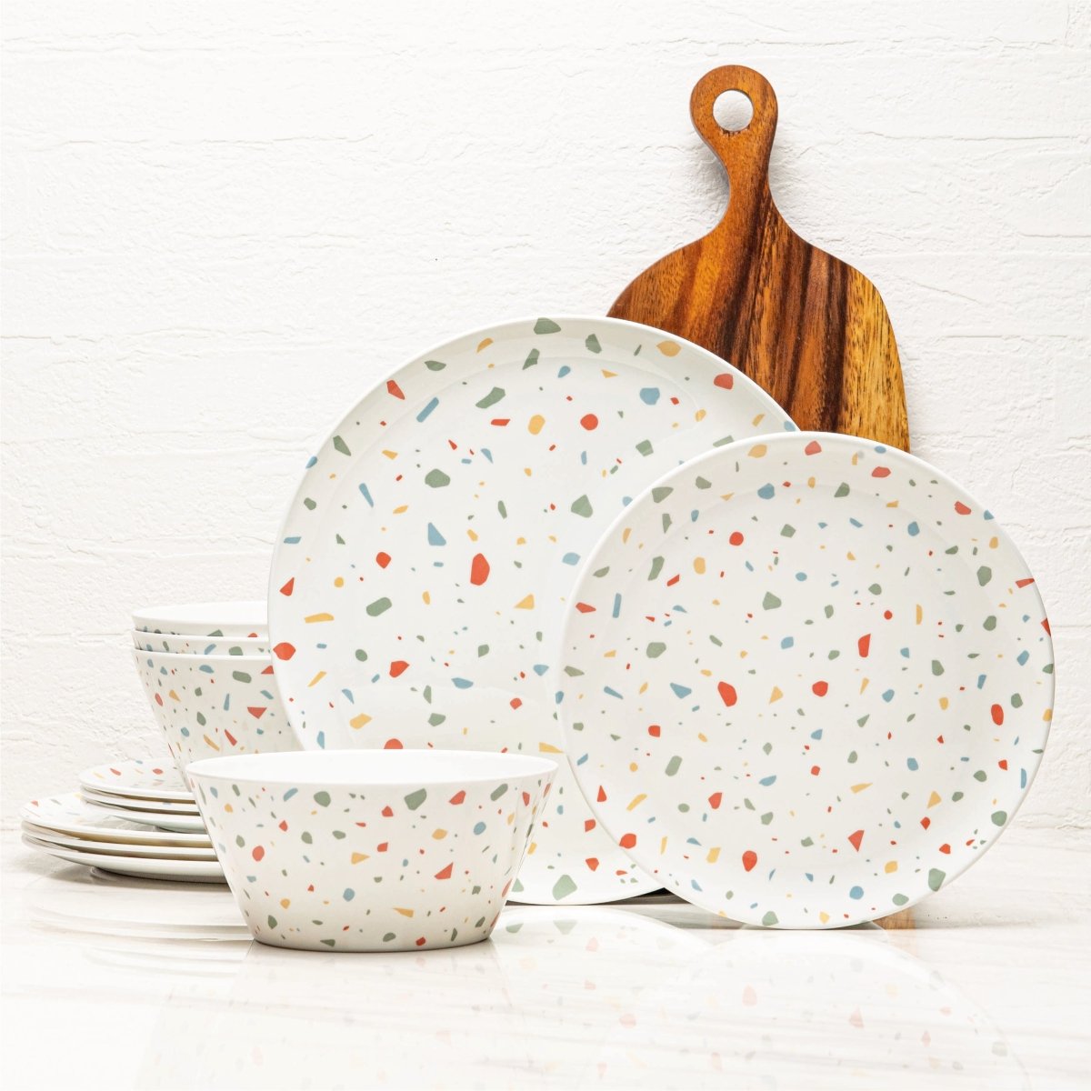 12-Piece Outdoor Dinnerware Set - Durable White Confetti Melamine Plates & Bowls for Picnics, BBQs, and Pool Parties - Shatterproof Dishware for Outdoor Dining