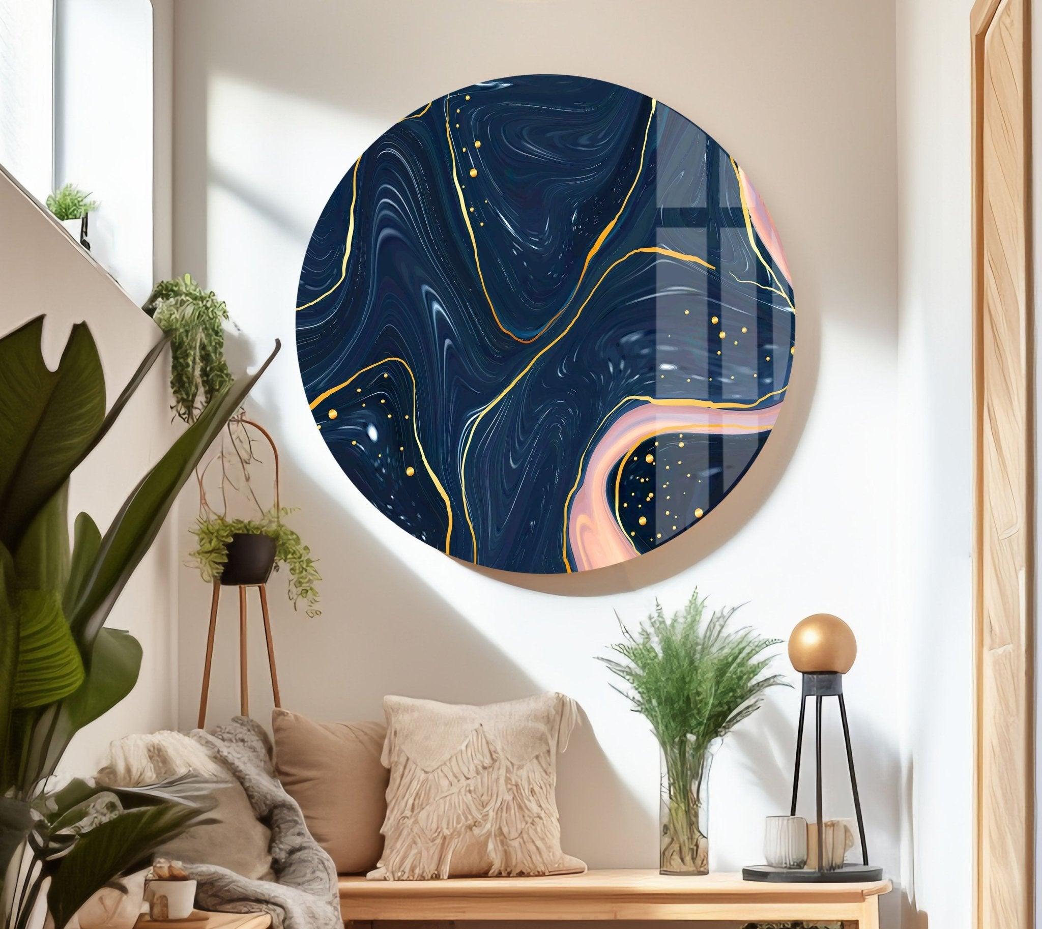 Abstract Dark Blue Glass Wall Art - Modern Handmade Decor for Living Room, Bedroom & Office - Unique Home & Office Decoration
