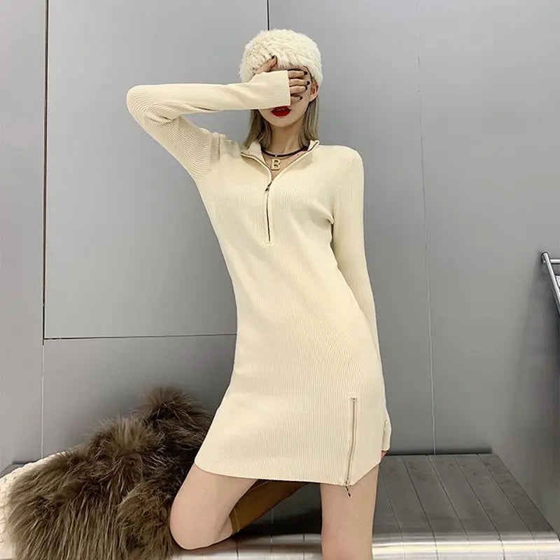 Korean Autumn Knit Sweater Dress - Sexy Bodycon Mini Split Wrap Dress for Women, Long Sleeve Black Kpop Style | Perfect for Fall Outfits, Date Nights & Kpop Fashion