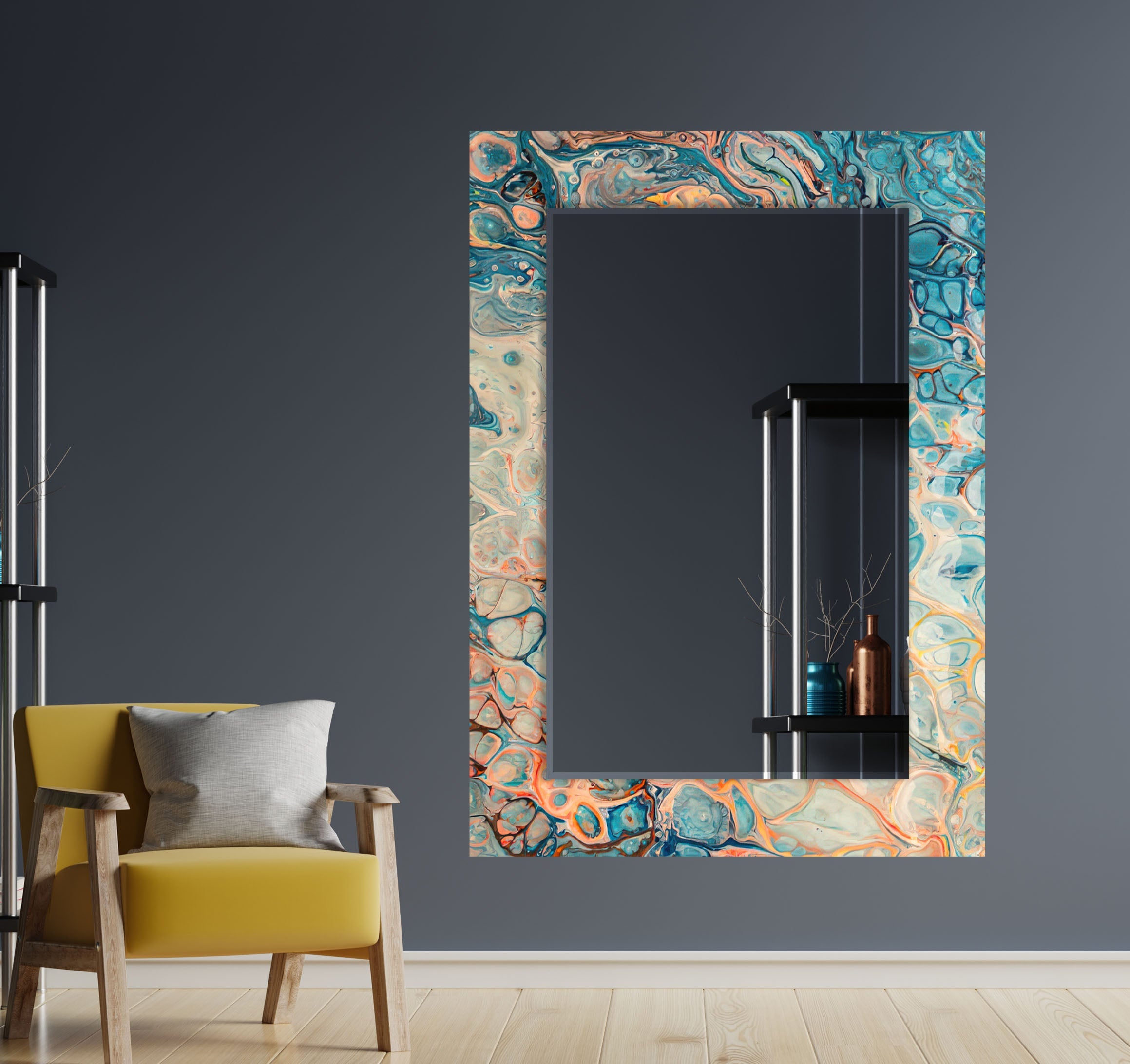 Blue & Beige Abstract Wall Mirror - Modern Decorative Round Mirror for Living Room, Bedroom, Entryway - Boho Home Decor Accent Piece for Wall Hanging