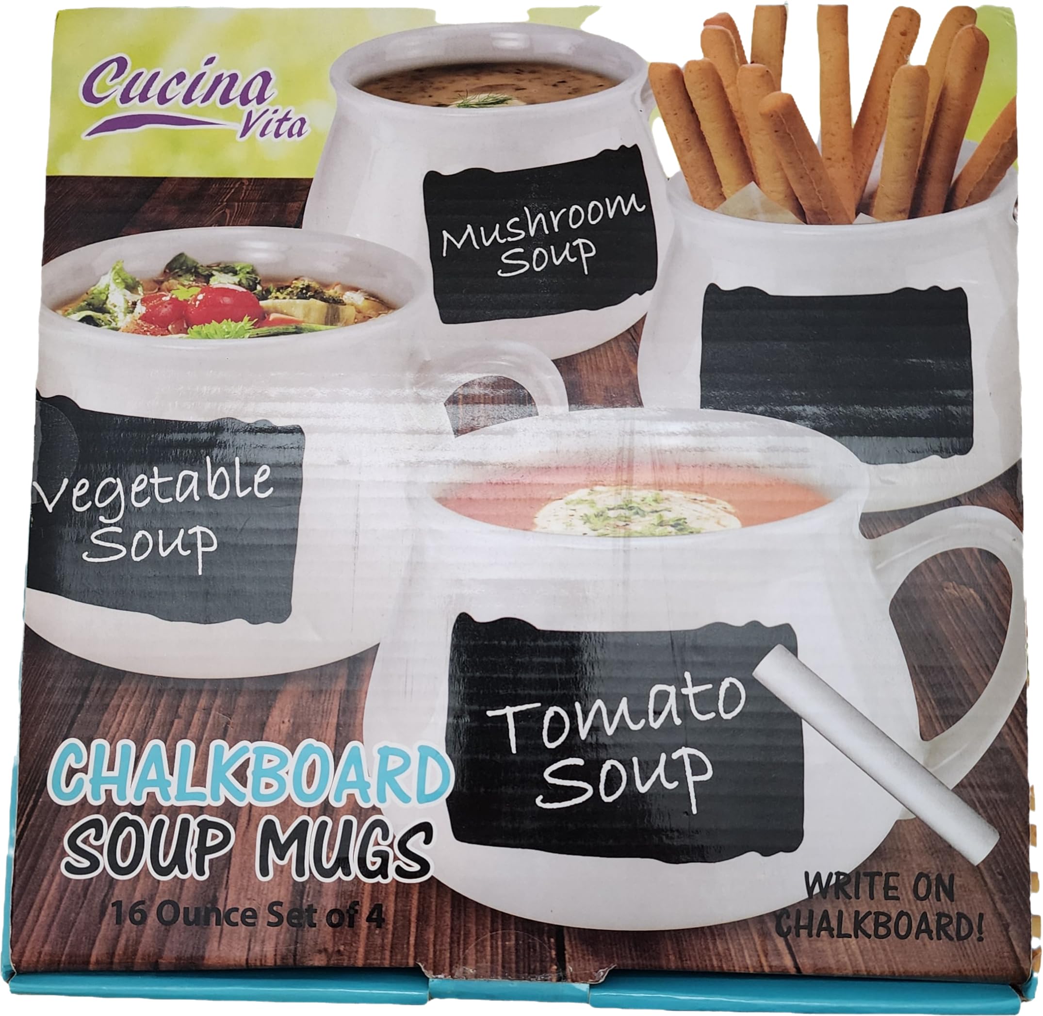 Fine Life Ceramic Soup Mugs with Chalkboard Labels - 16oz White Coffee Cups with Lids, Set of 4 - Perfect for Hot Soups, Coffee, Tea & DIY Gifts in Kitchen, Office or Cafe