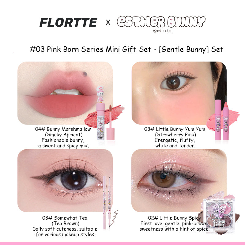 FLORTTE Natural Pink Series BUNNY Limited Edition Makeup Gift Set - 7 Piece Vegan & Cruelty-Free Cosmetics Kit with Blush, Lip Gloss & Eyeshadow | Perfect for Valentine's Day Gifts, Birthday Presents & Everyday Makeup