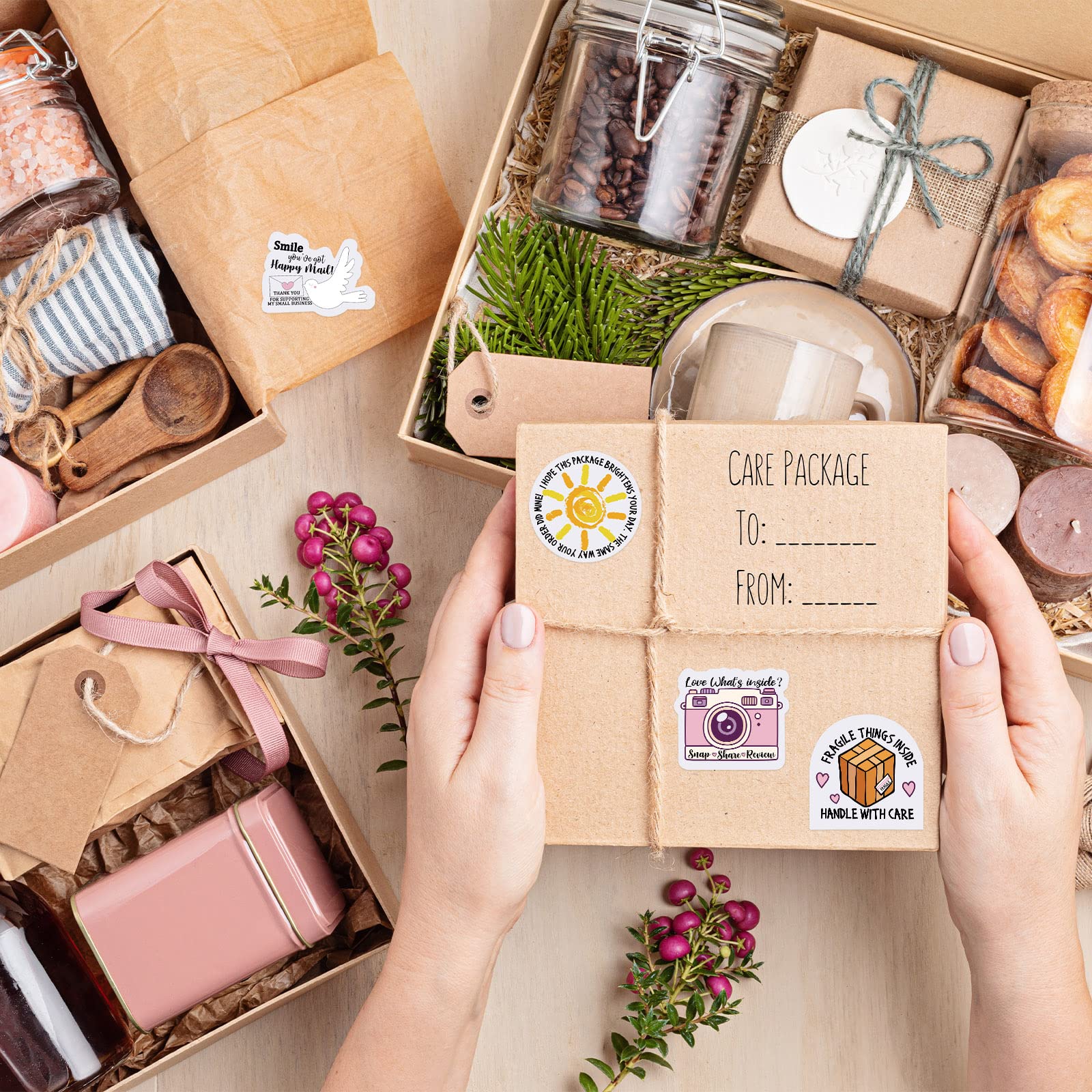 500 PCS Thank You Business Stickers - Small Package Labels, Cute Envelope Seals & Handle with Care Stickers - 4 Adorable Styles (1.77 Inch) - Perfect for Ecommerce Packaging, Mailers & Gift Wrapping