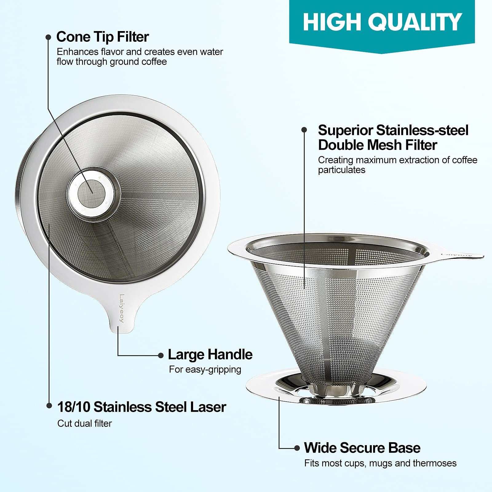 Premium Stainless Steel Pour Over Coffee Dripper - Reusable Double Mesh Cone Filter for Single Cup Brewing | Manual Coffee Maker for Home, Office & Camping | Slow Drip Paperless Coffee Filter System