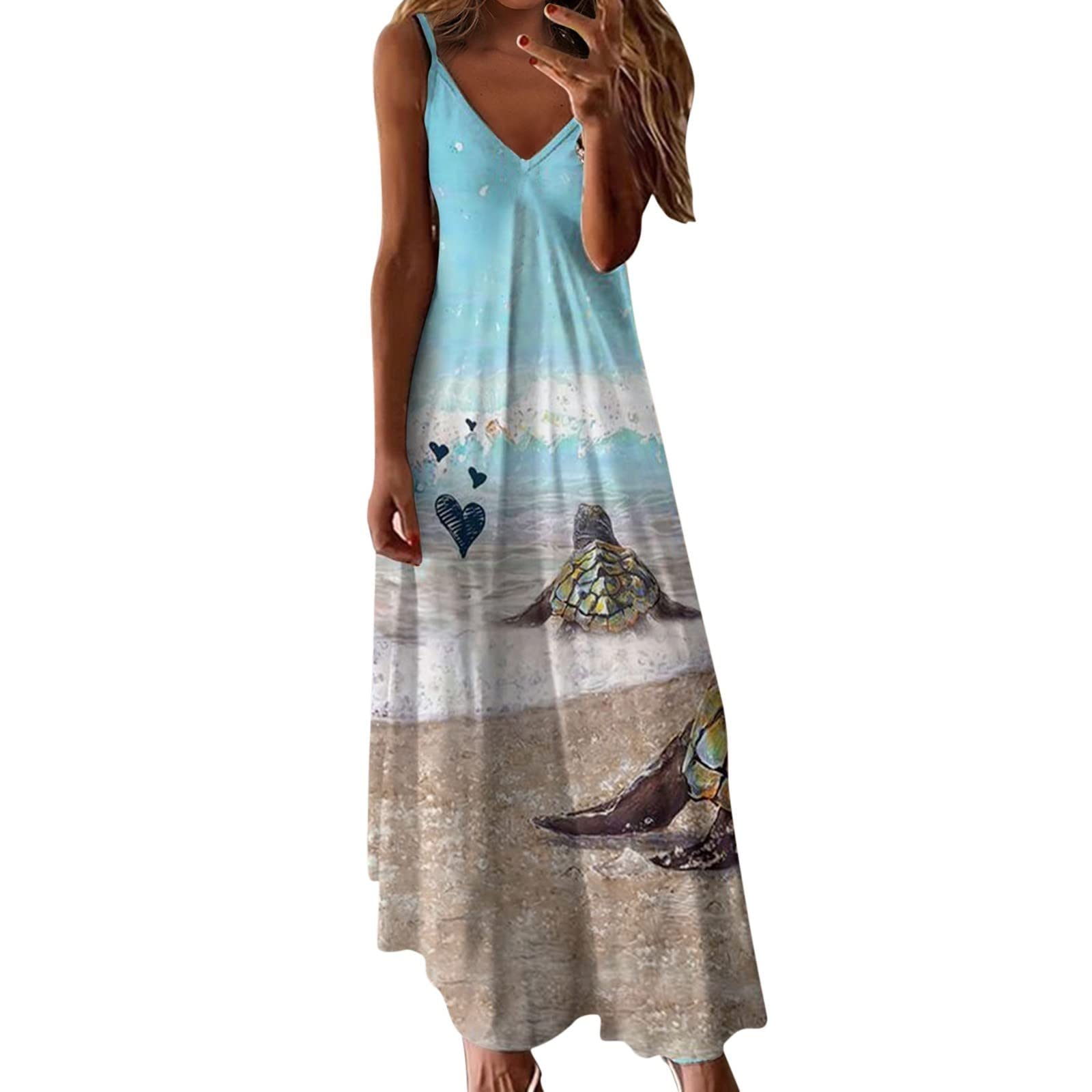 RIJJTRP Women's Summer Long Dresses - Flowy Halter Neck V-Neck Sleeveless Sundress with Suspender, Floral Print Beach Wedding Guest Dress for Vacation, Party & Date Night
