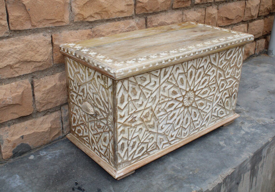 Hand Carved Wooden Trunk - Authentic Indian Blanket Storage Box | Perfect for Home Décor, Blanket Storage & Vintage Style Living Room