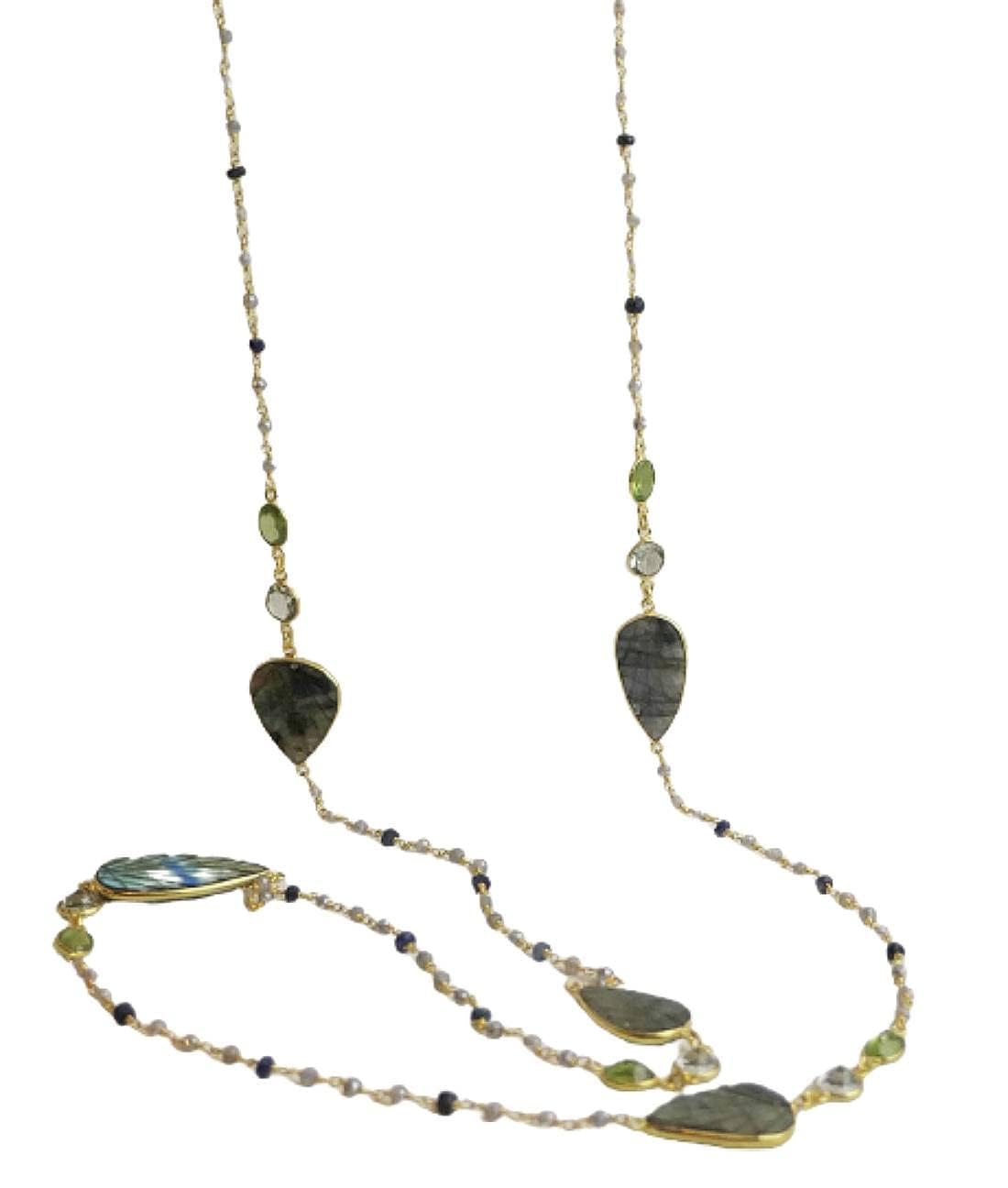 Handmade Labradorite Blue Topaz Peridot Gold Plated Sterling Silver Necklace 107cm - Natural Gemstone Jewelry for Women | Perfect Birthday, Bridal, Wedding & Mother's Day Gift - Elegant Everyday Wear & Special Occasion Accessory