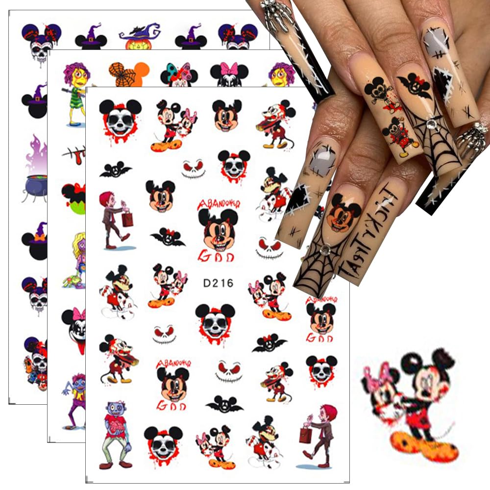 8 Sheets Halloween Nail Stickers - 3D Self-Adhesive Gothic Nail Art Decals with Cute Cartoon Pumpkin & Skull Designs - Fun Manicure Tips for Women & Girls - Perfect for Halloween Parties, Costume Events & Spooky Nail Art