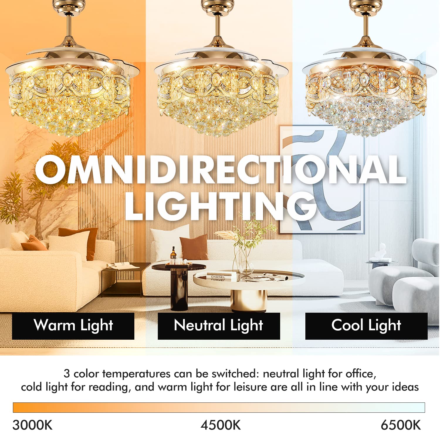 42 Inch Crystal Ceiling Fan with Lights & Remote Control - 3 Speed Adjustable, Modern Luxury Retractable Chandelier Fan with 3 Light Levels - Ultra Quiet for Living Room, Dining Room & Bedroom - Perfect for Home Cooling and Elegant Lighting