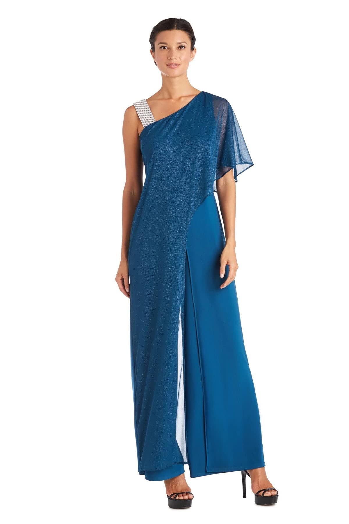 RM Richards Sequin Overlay Draped Shoulder Formal Jumpsuit for Women - Elegant Evening Wear for Parties, Weddings & Special Occasions
