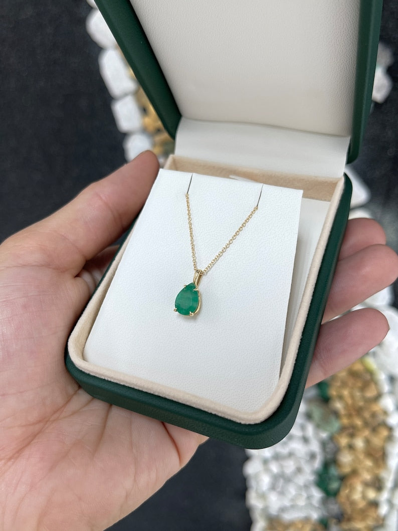 2.0ct Medium Dark Green Natural Pear Cut Emerald Solitaire Pendant Necklace in 14K Gold - Perfect for Weddings, Anniversaries & Special Occasions
