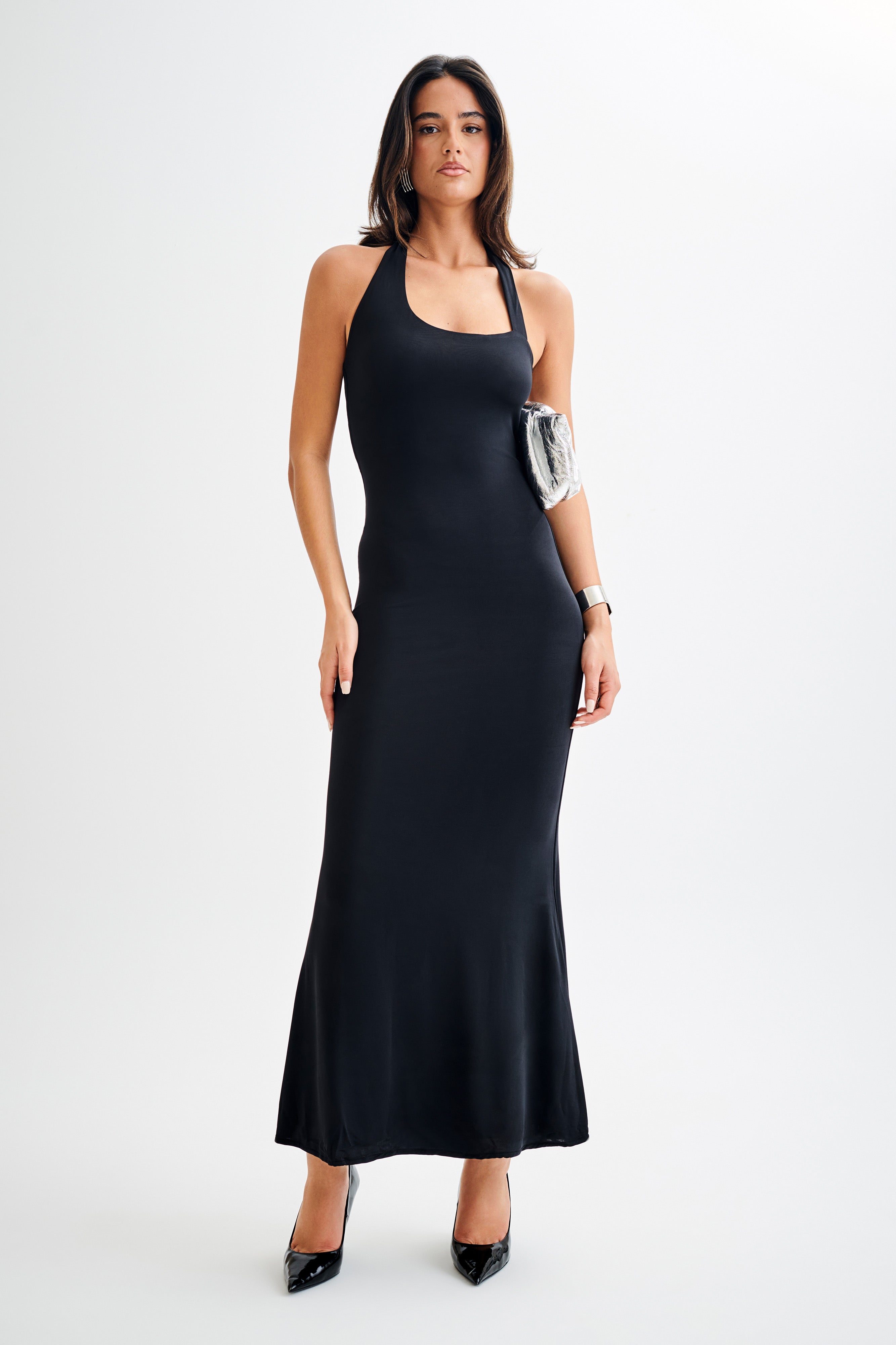 Elegant Marianne Asymmetrical Slinky Maxi Dress in Black - Perfect for Evening Parties, Date Nights & Special Occasions