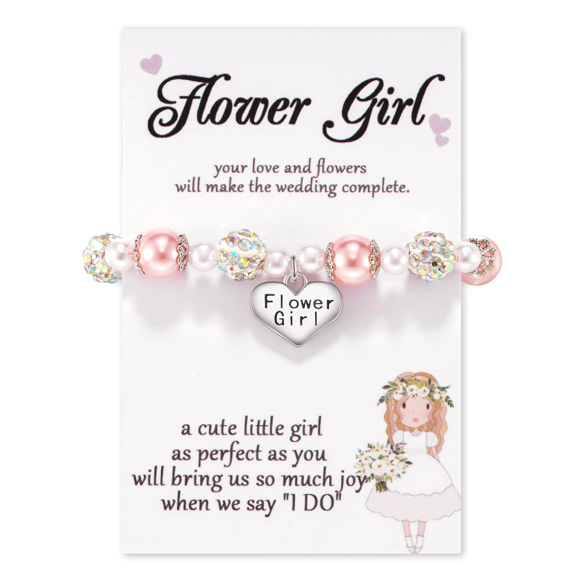 Sparkling Rhinestone Bracelet for Girls - Pink Pearl Heart Charm Jewelry, Elegant Gift for Flower Girls, First Communion, Baptism, Graduation & Back to School | Perfect for Special Occasions & Everyday Wear