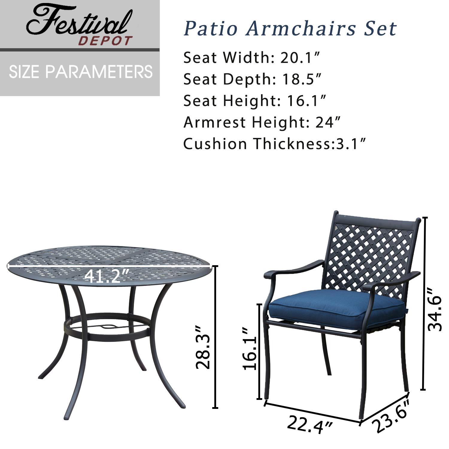 5-Piece Outdoor Patio Dining Set with Metal Chairs, Cushions & Round Iron Table - All-Weather Garden Furniture for Bistro, Deck, Backyard (Blue) | Perfect for BBQs, Poolside Lounging & Outdoor Entertaining