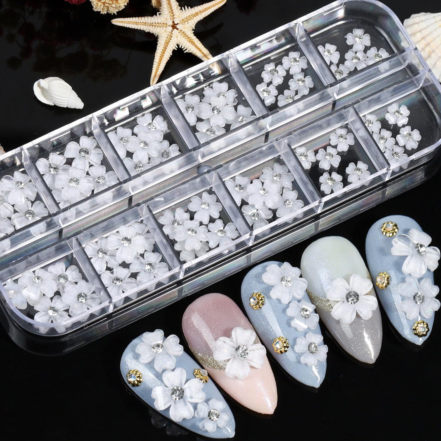 SILPECWEE 4 Boxes 3D Rhinestones for Nail Art - Flat Back Nail Crystals, Gold Nail Charms, 3D Nail Decoration Kit with Tweezers - Perfect for DIY Nail Designs, Manicures, and Professional Salon Use