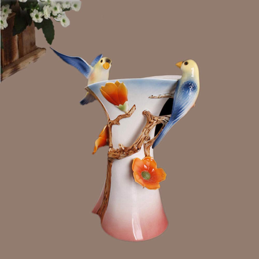 Blue Bird Lovers Ceramic Sculpture - Handcrafted Porcelain Figurine with Flowers Vase, Elegant Home Decor for Living Room, Wedding Centerpiece & Gift Idea