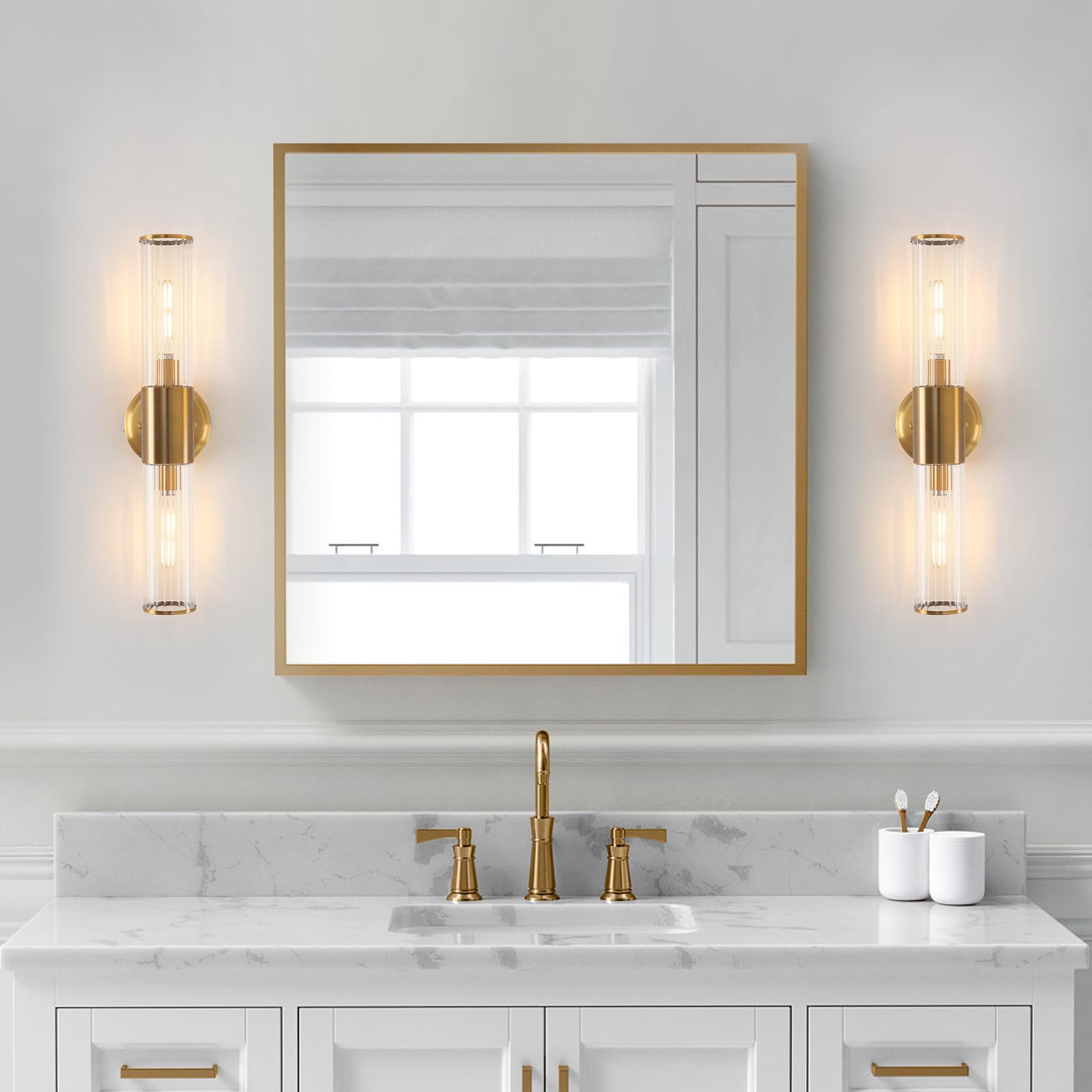 Brushed Brass Gold Wall Sconces Set of 2 - Modern Wall Mounted Lighting Fixtures with Stripped Glass Shade for Bedroom, Bathroom & Living Room Decor | Indoor Wall Lamps for Home & Office