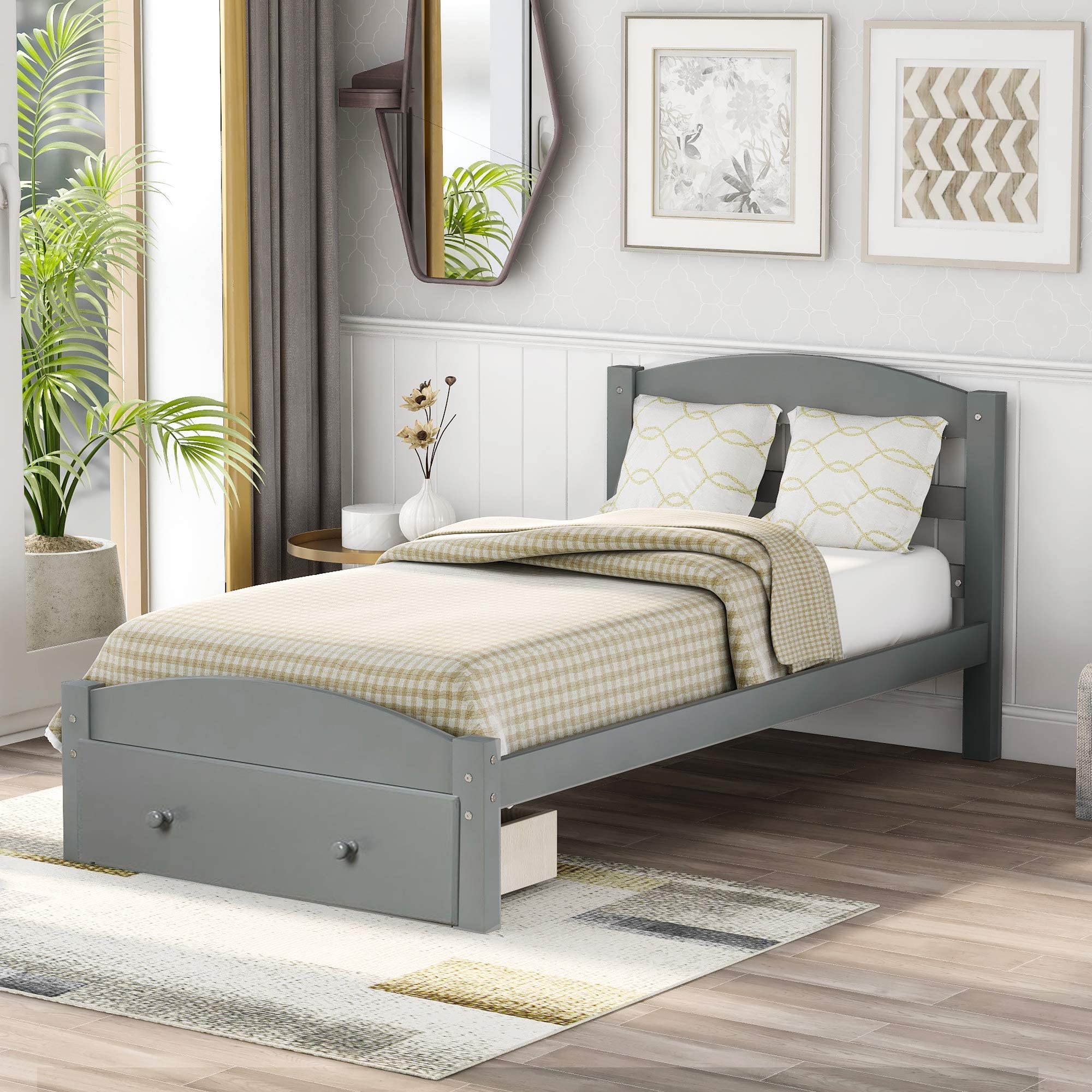 P PURLOVE Twin Size Storage Bed Frame with Headboard - Solid Wood Platform Bed with Slat Support & Drawers for Kids & Teens (Gray) - Perfect for Small Bedrooms, Dorm Rooms & Space-Saving Kids' Rooms