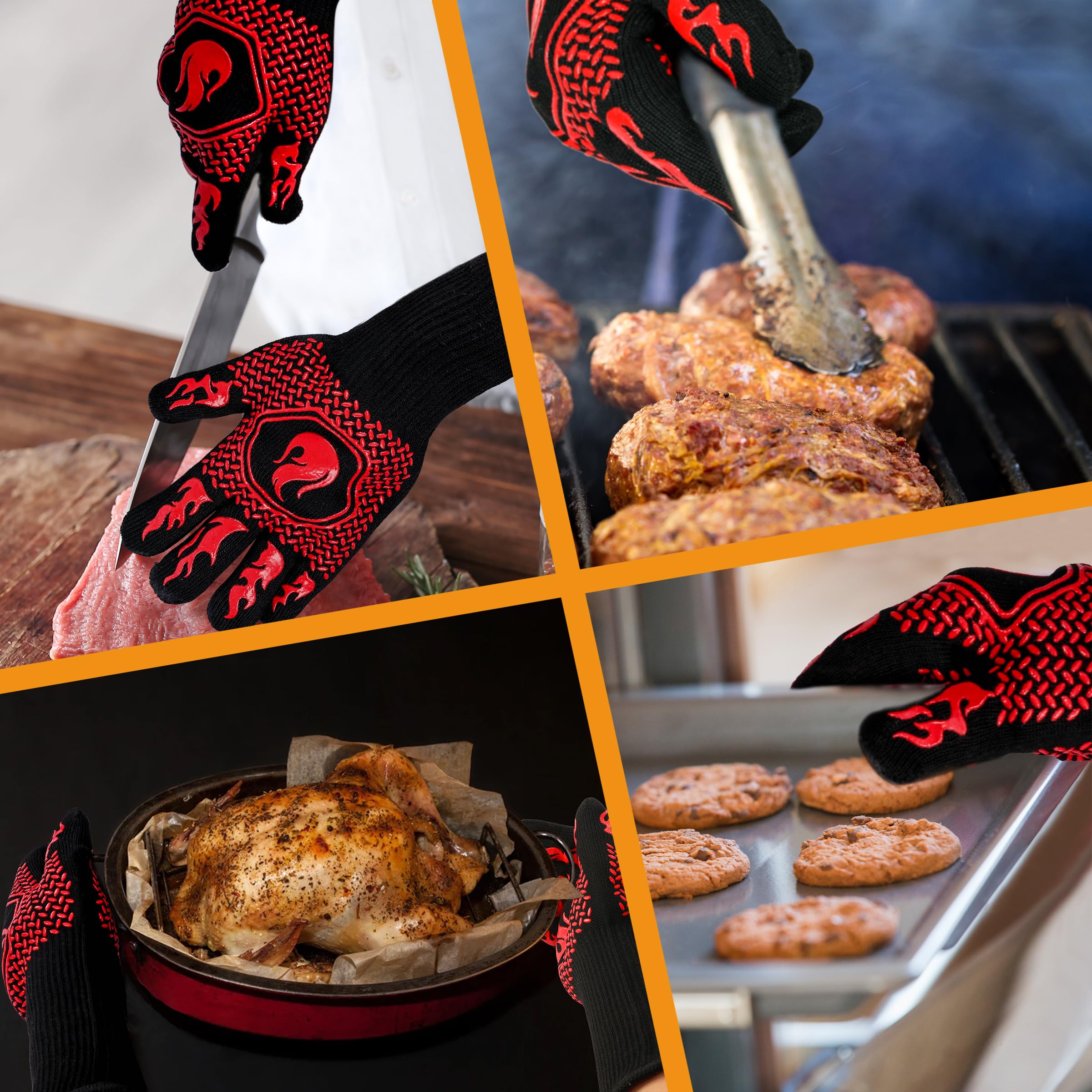 Heat-Resistant BBQ Gloves - 1472°F Fireproof & Cut-Resistant Grill Gloves with Non-Slip Silicone Grip for Safe Cooking, Grilling, Frying & Baking - Perfect for Outdoor BBQ, Camping & Kitchen Use (2 Pairs, Red)