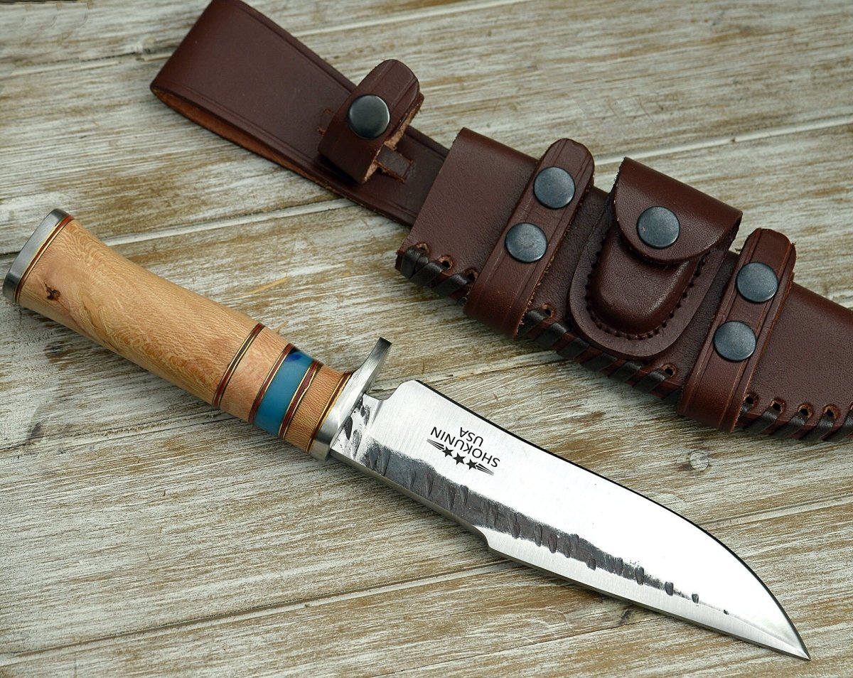 Premium Damascus Steel Bowie Knife with Exotic Leopard Wood Handle - Hunting, Camping & Outdoor Survival Essential