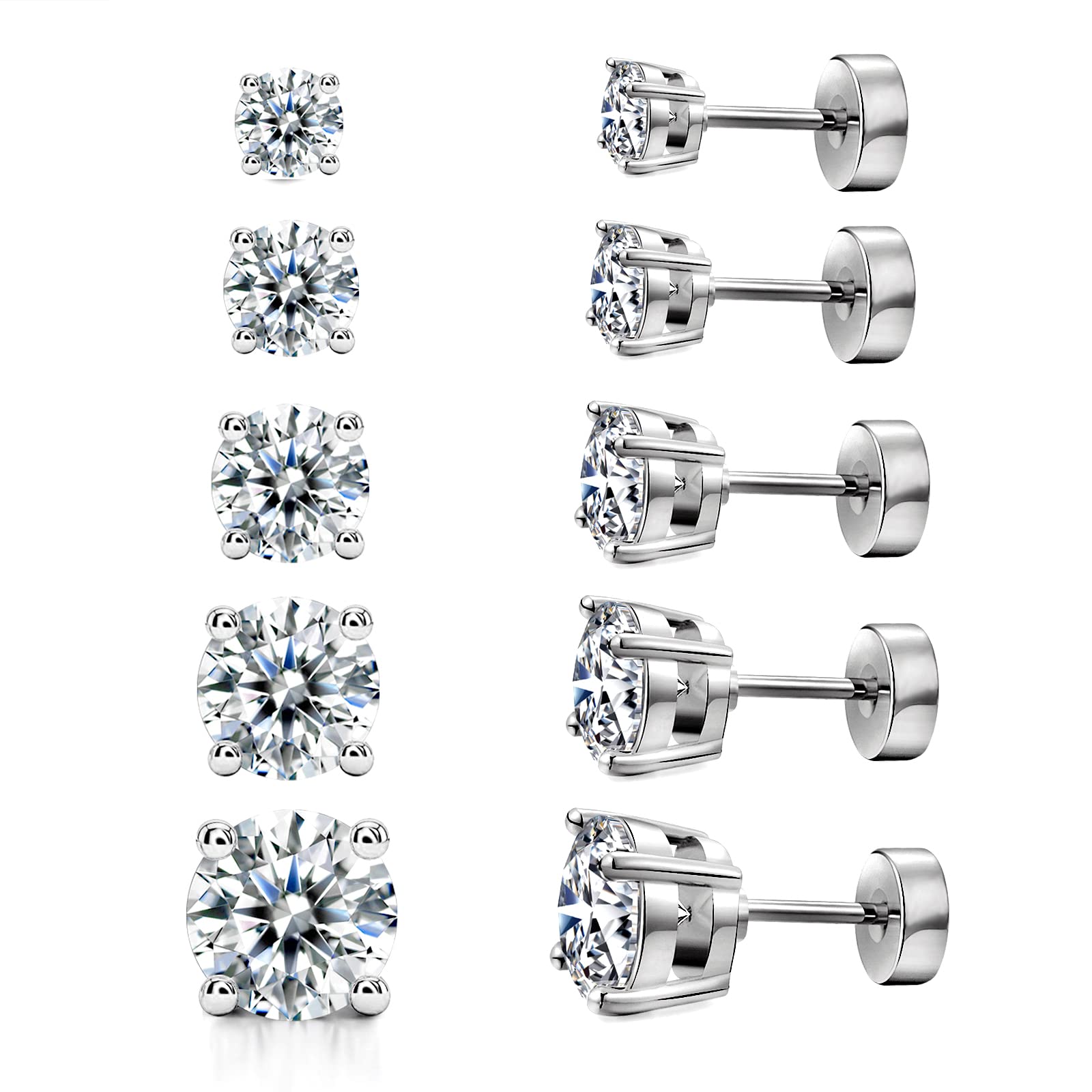 14K Gold Plated Cubic Zirconia Stud Earrings for Women - 5 Pairs Round Simulated Diamond Earrings Set - Perfect for Everyday Wear, Parties & Gift Giving